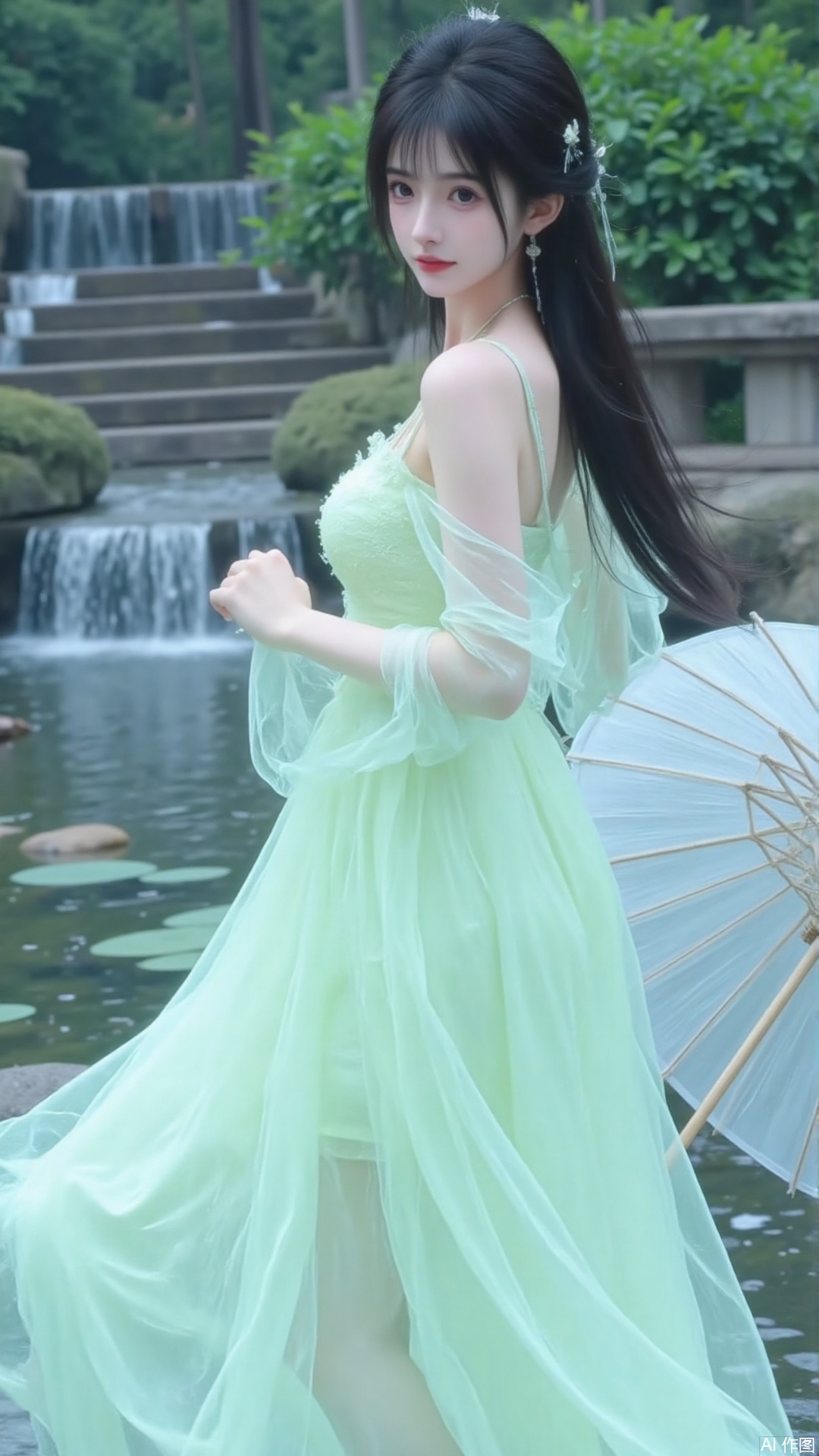 The image shows a young woman standing in front of a waterfall in a garden
She is wearing a long, flowing green dress with a high neckline and long sleeves
The dress is made of a light green fabric and has a flowy skirt that falls to her knees
The woman is holding a white parasol with a bamboo handle in her right hand
She has dark hair styled in a bun with a flower in her hair
The background is filled with greenery and trees, and there are lily pads floating on the water
The overall mood of the image is peaceful and serene.