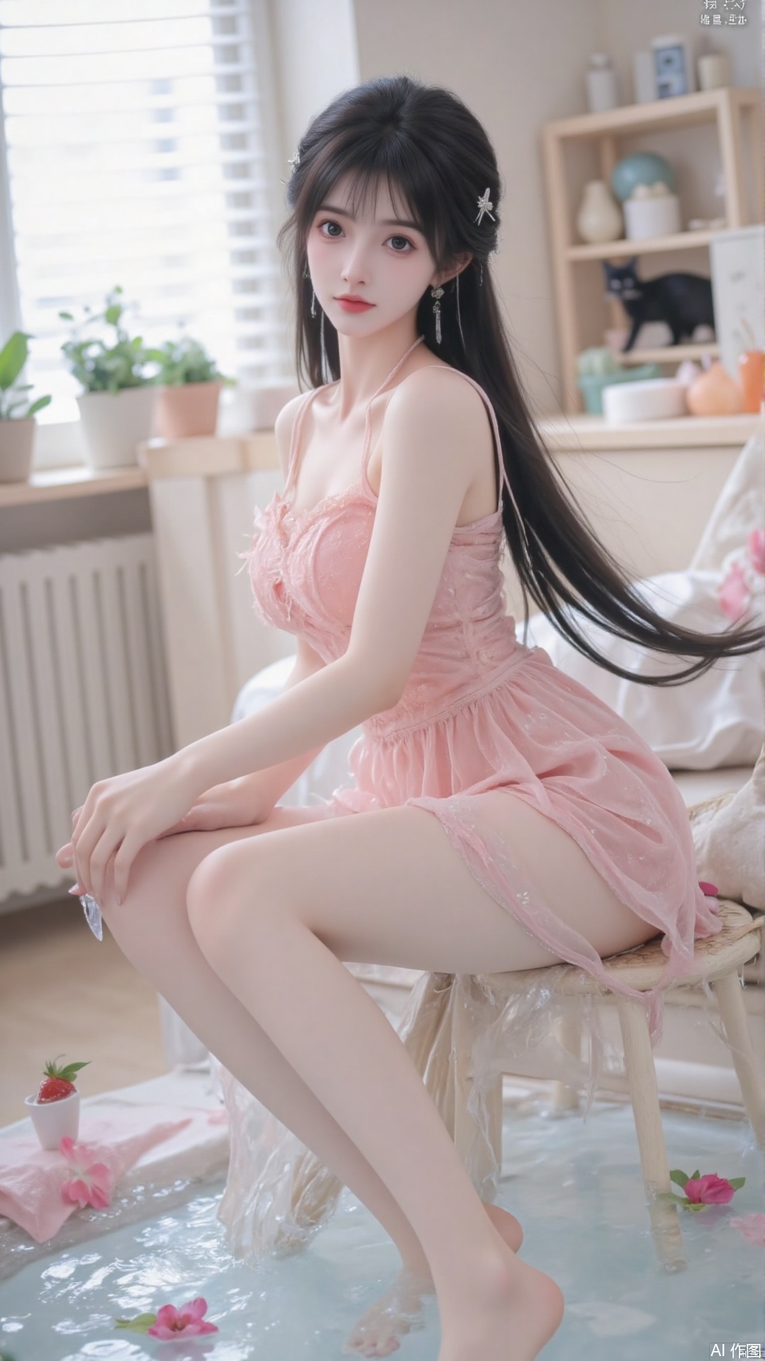 masterpiece,best quality, 1girl,looking_at_viewer,,super long legs, ,realistic,,pose for picture,Dynamic posture, 1girl, solo, long hair, black hair, dress, sitting, braid, flower, food, barefoot, artist name, indoors, water, twin braids, cup, pillow, window, fruit, animal, watermark, cat, plant, pink dress, potted plant, black cat, blinds ,(artist:quasarcake:0.6),extreme aesthetic,masterpiece, best quality, backlight,high quality, (Tyndall Effect 1.4),extremely detailed, High Detail, vibrant colors, anime style, cover art,(wanke:0.8),(watercolor \(tira 7:0.8),(lam (ramdayo):0.8),(mochizuki kei:0.8),extreme aesthetic,masterpiece,best quality,good quality,newest,very aesthetic,absurdres,Visual impact,32K UHD,colorful,sharp focus