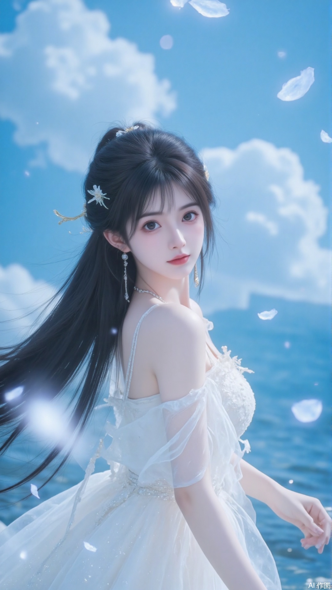 Background blue sky and white clouds are transparent, soft focus, gorgeous light and shadow, light pink tones, elegant temperament, ancient style illustration, looking back, turning around, back, soft lighting, ultra-clear picture quality, long hair, blue pink gradient highlighting, glowing eyes, half-body lens , fluid art, high details, acrylic paint, fairy spirit, ancient style comics, yarn clothes. Broken, tears, pitiful