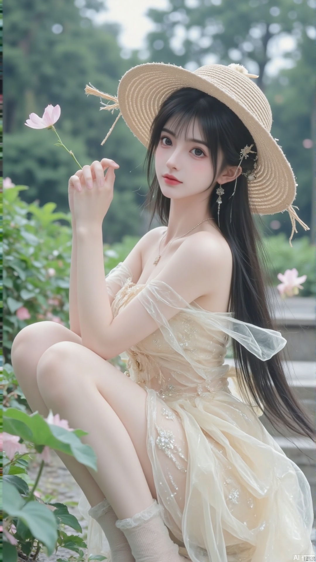 1girl, solo, black hair, hat, jewelry, braid, socks, necklace, twin braids, realistic,(plant dress),flower dress,squatting,plant