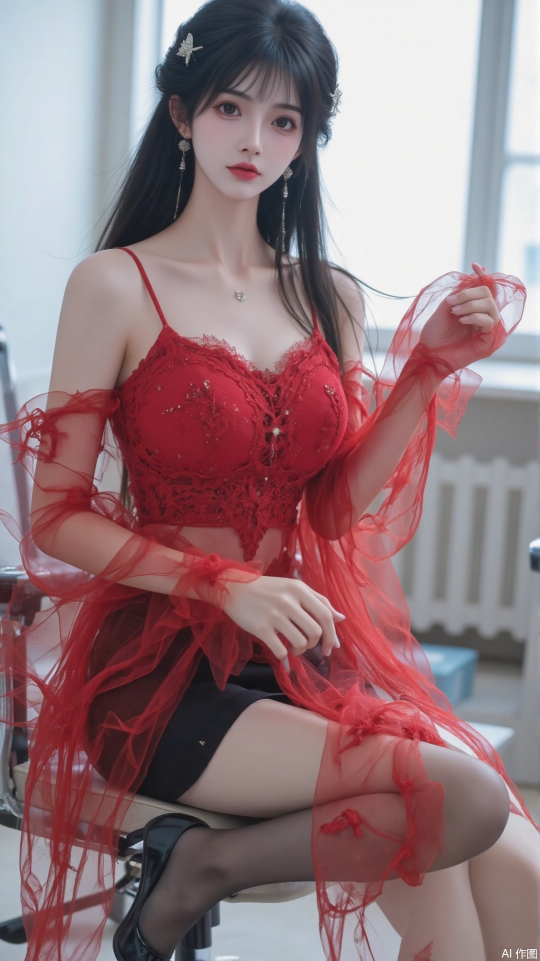 1 Girl, solo, with long black hair, wavy hair, wearing a delicate red sexy gauze dress with intricate lace patterns, exposing shoulders, collarbones, plump breasts, showing navel, belly, wearing a black mini skirt, lace Decoration, red silk screen with holes Pantyhose, long legs, beautiful legs, black high heels, shoes close-up, sitting on office chair, bright office background, beautiful, charming, sexy, charming woman, sideways, low angle shot, bottom view, very low angle, shoes close-up , background blur, dynamic poses.