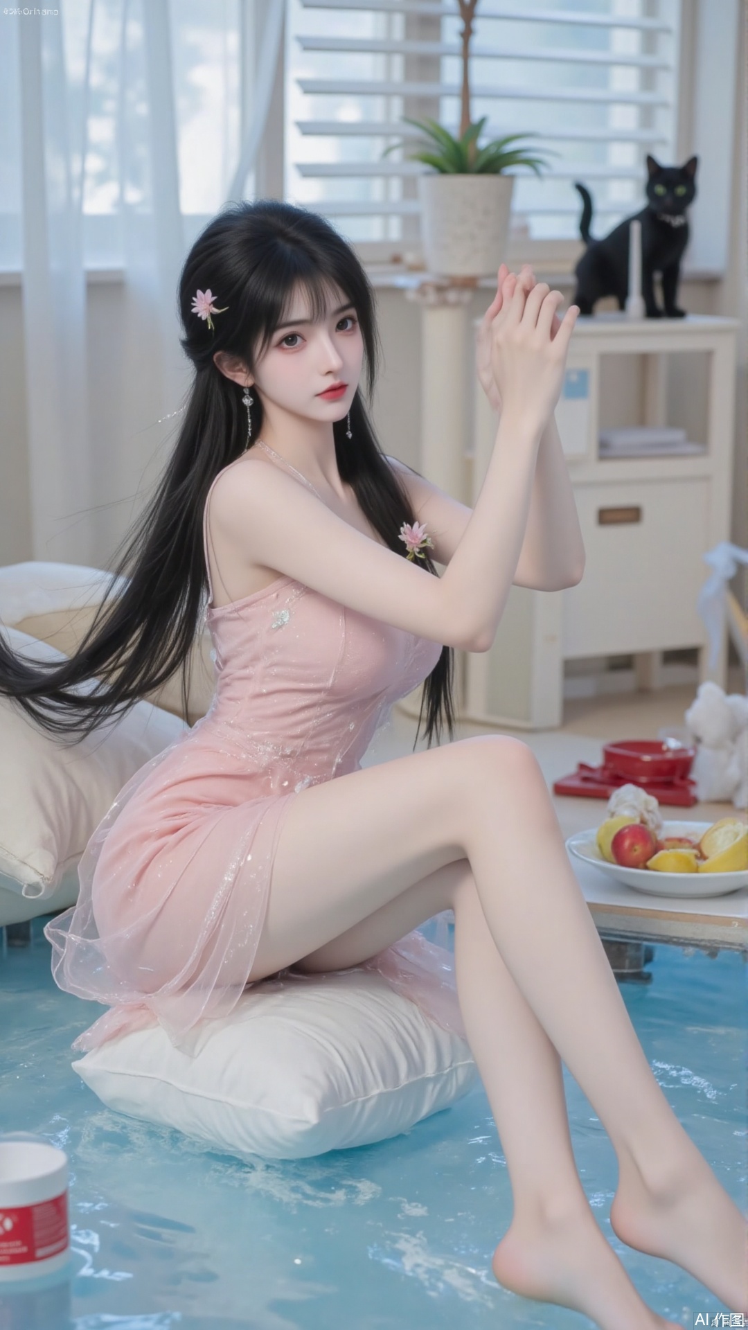 masterpiece,best quality, 1girl,looking_at_viewer,,super long legs, ,realistic,,pose for picture,Dynamic posture, 1girl, solo, long hair, black hair, dress, sitting, braid, flower, food, barefoot, artist name, indoors, water, twin braids, cup, pillow, window, fruit, animal, watermark, cat, plant, pink dress, potted plant, black cat, blinds ,(artist:quasarcake:0.6),extreme aesthetic,masterpiece, best quality, backlight,high quality, (Tyndall Effect 1.4),extremely detailed, High Detail, vibrant colors, anime style, cover art,(wanke:0.8),(watercolor \(tira 7:0.8),(lam (ramdayo):0.8),(mochizuki kei:0.8),extreme aesthetic,masterpiece,best quality,good quality,newest,very aesthetic,absurdres,Visual impact,32K UHD,colorful,sharp focus
