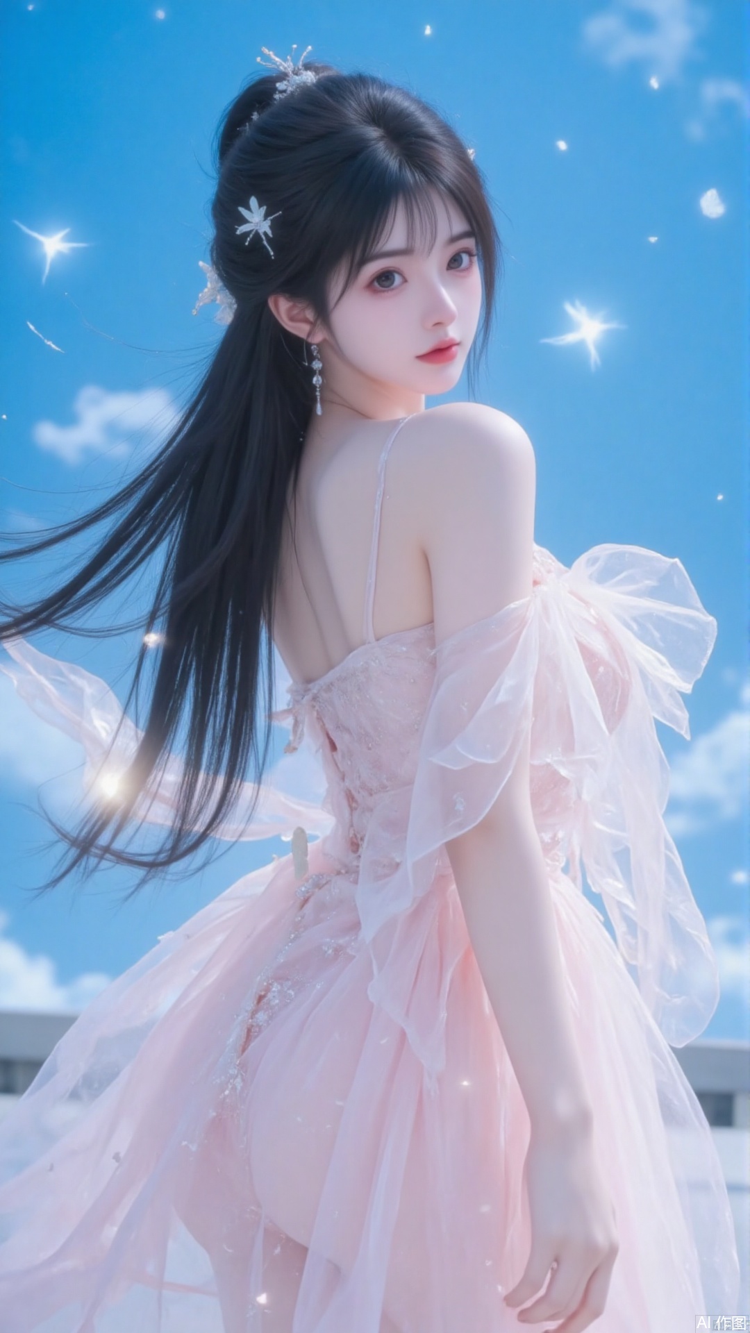 Background blue sky and white clouds are transparent, soft focus, gorgeous light and shadow, light pink tones, elegant temperament, ancient style illustration, looking back, turning around, back, soft lighting, ultra-clear picture quality, long hair, blue pink gradient highlighting, glowing eyes, half-body lens , fluid art, high details, acrylic paint, fairy spirit, ancient style comics, yarn clothes. Broken, tears, pitiful