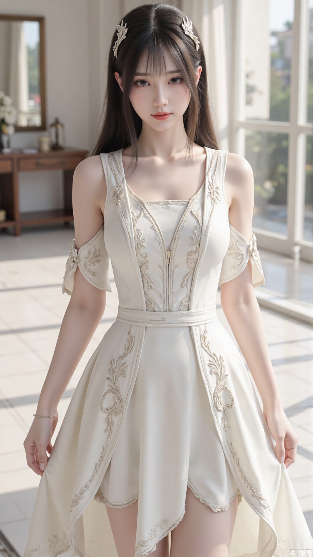 1girl, white wedding dress,looking at viewer, mischevious smile, perfect body, scenery, sharp focus, best quality, masterpiece, detailed outfit, illustration, perfect eyes, finely detailed beautiful anime eyes, realistic skin, intricate details, best lighting, depth of field, ultra high resolution, cowboy_shot, bride