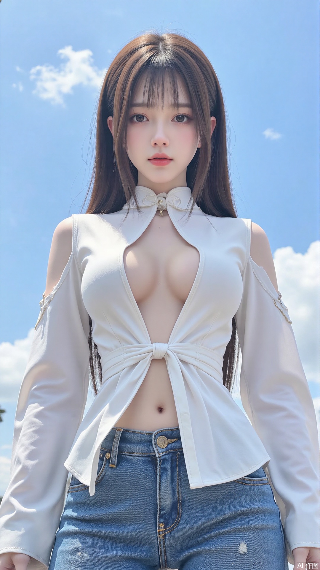 1girl, solo, long hair, breasts, looking at viewer, large breasts, brown hair, shirt, navel, brown eyes, underwear, panties, outdoors, sky, day, midriff, pants, cloud, blue sky, from below, denim, jeans, blue panties, open fly