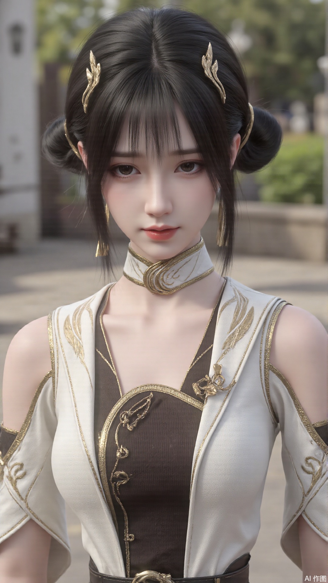 1girl, solo, black hair, dress, hair bun, hair ornament, double bun, looking at viewer, mischevious smile, perfect body, scenery, sharp focus, best quality, masterpiece, detailed outfit, illustration, perfect eyes, finely detailed beautiful anime eyes, realistic skin, intricate details, best lighting, depth of field, ultra high resolution,cowboy_shot