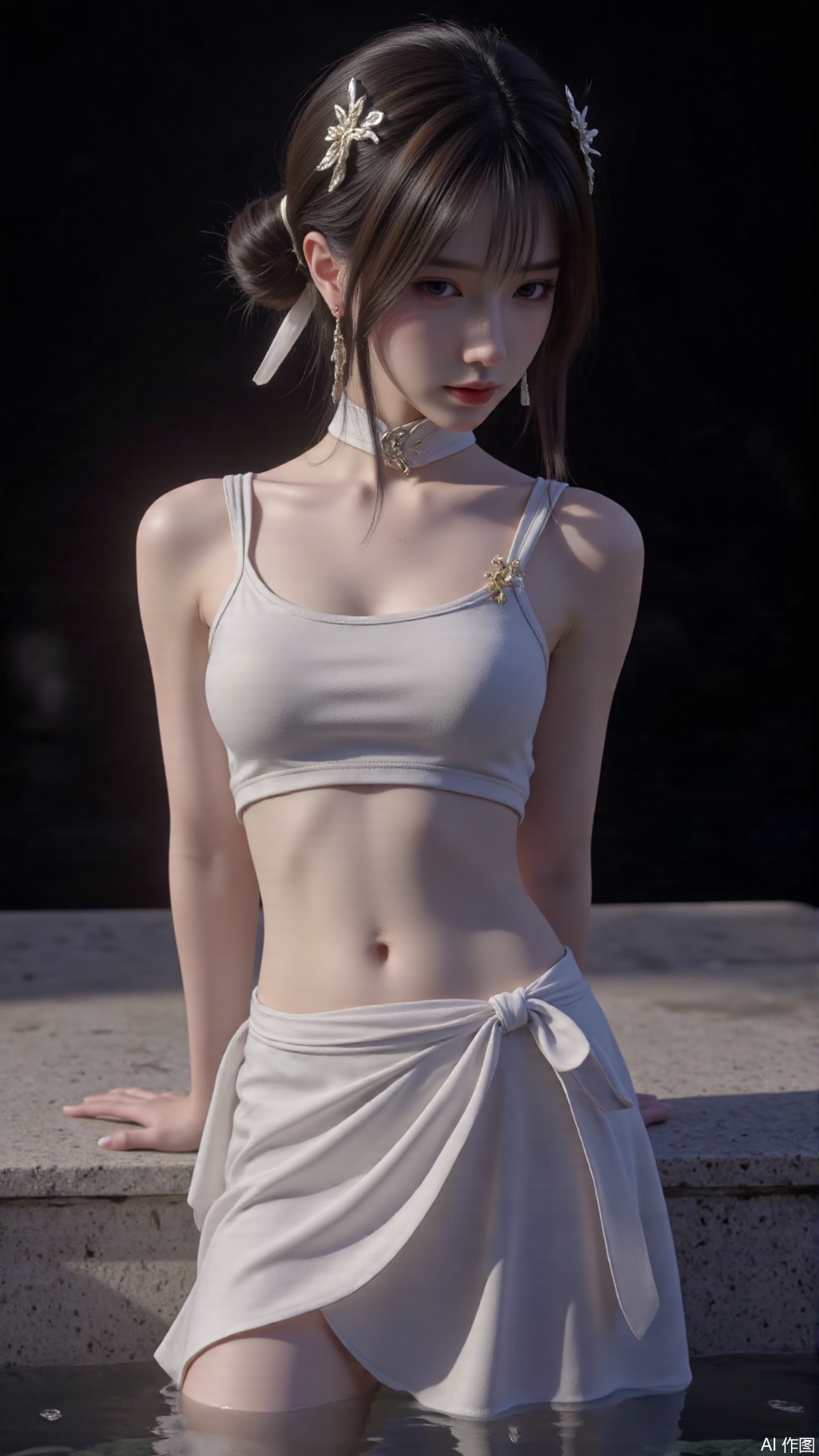 1girl, solo, long hair, red lips,looking at viewer, upper body, glowing hair,hair ornament,white sling shirt,bare shoulders,in water,hair bun,ribbon,earrings,black background,light,dark background