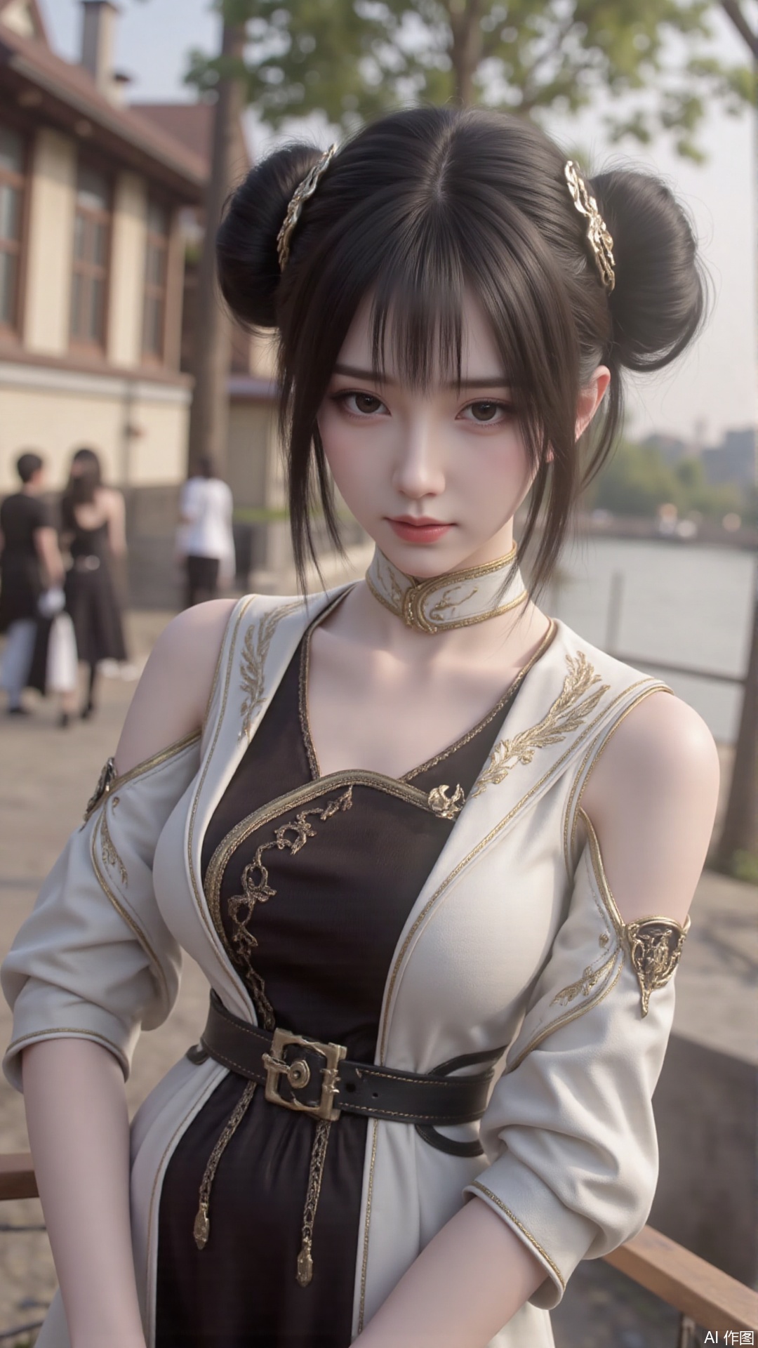 1girl, solo, black hair, dress, hair bun, hair ornament, double bun, looking at viewer, mischevious smile, perfect body, scenery, sharp focus, best quality, masterpiece, detailed outfit, illustration, perfect eyes, finely detailed beautiful anime eyes, realistic skin, intricate details, best lighting, depth of field, ultra high resolution,cowboy_shot