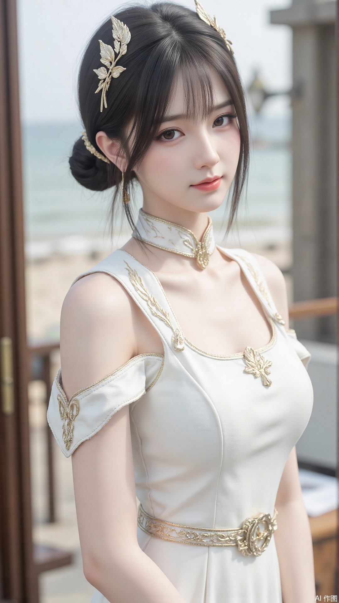 1girl, white wedding dress,looking at viewer, mischevious smile, perfect body, scenery, sharp focus, best quality, masterpiece, detailed outfit, illustration, perfect eyes, finely detailed beautiful anime eyes, realistic skin, intricate details, best lighting, depth of field, ultra high resolution, cowboy_shot, bride