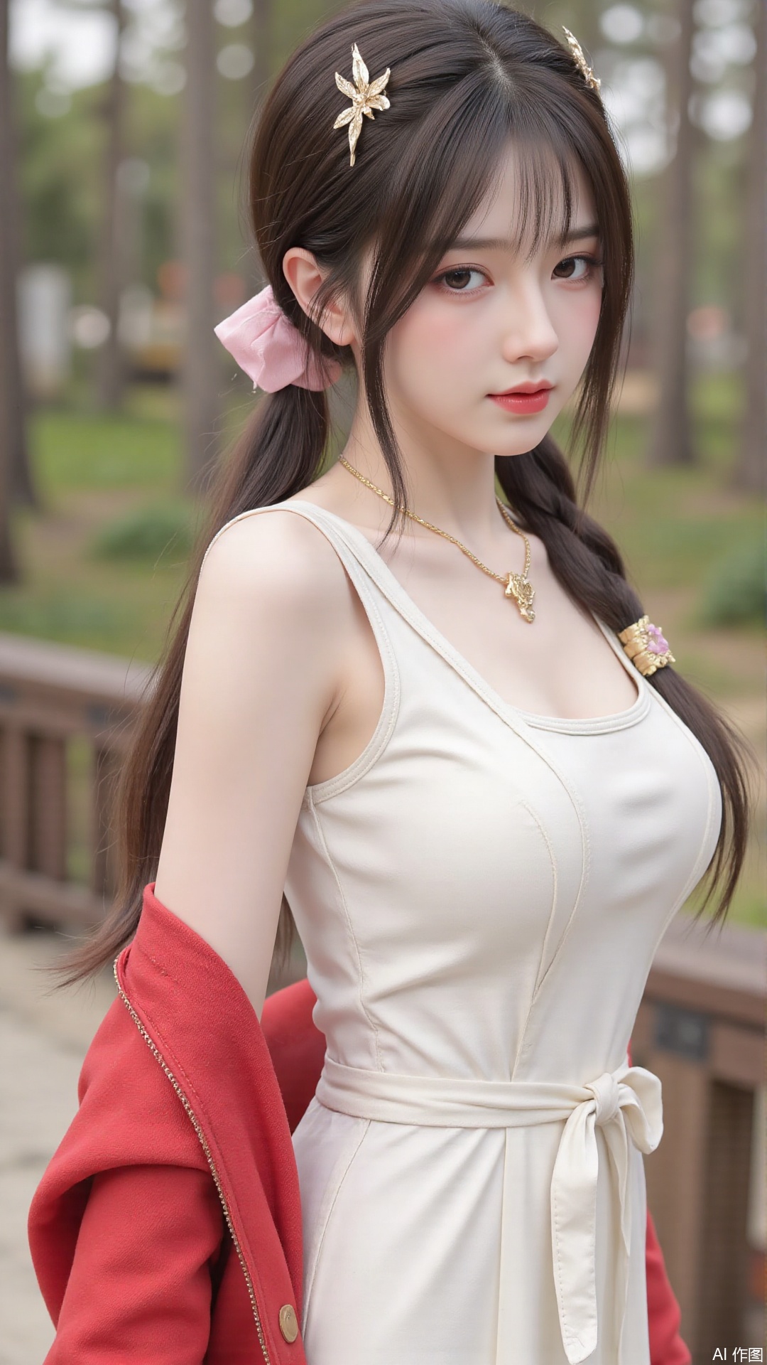 1girl,solo,jewelry,flower,hair flower,hair ornament,necklace,realistic,brown eyes,looking at viewer,dress,blurry background,twin braids,blurry,white dress,long hair,upper body,breasts,pink bow,red jacket,bare shoulders,lips,collarbone,outdoors,cleavage,large natural breast,soft breasts,huge Breasts