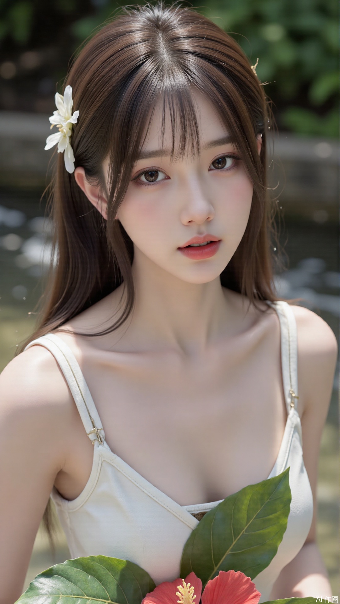1girl, solo, long hair, breasts, looking at viewer, blush, open mouth, bangs, brown hair, hair ornament, dress, bare shoulders, brown eyes, medium breasts, collarbone, flower, parted lips, hair flower, water, white dress, sleeveless dress, leaf, plant, red flower, partially submerged, hibiscus
,backlighting,depth of field,cinematic lighting,light particles,lens flare, (artist:quasarcake:0.8),extreme aesthetic,(wlop:0.6),masterpiece,best quality,good quality,newest,very aesthetic,absurdres,Visual impact,A shot with tension, ultra-high resolution,32K UHD,sharp focus,best-quality,masterpiece,Emotionalization,unconventional supreme masterpiece,masterful details,temperate atmosphere,with a high-end texture,in the style of fashion photography, (alzi xiaomI:1.2),(mogumo:1.1),(good hands, nice hands:0.5),giving the poster a dynamic and visually striking appearance,impactful picture,offcial art,colorful,movie perspective, masterpiece,best quality,amazing quality,very aesthetic,absurdres,best quality,newest
