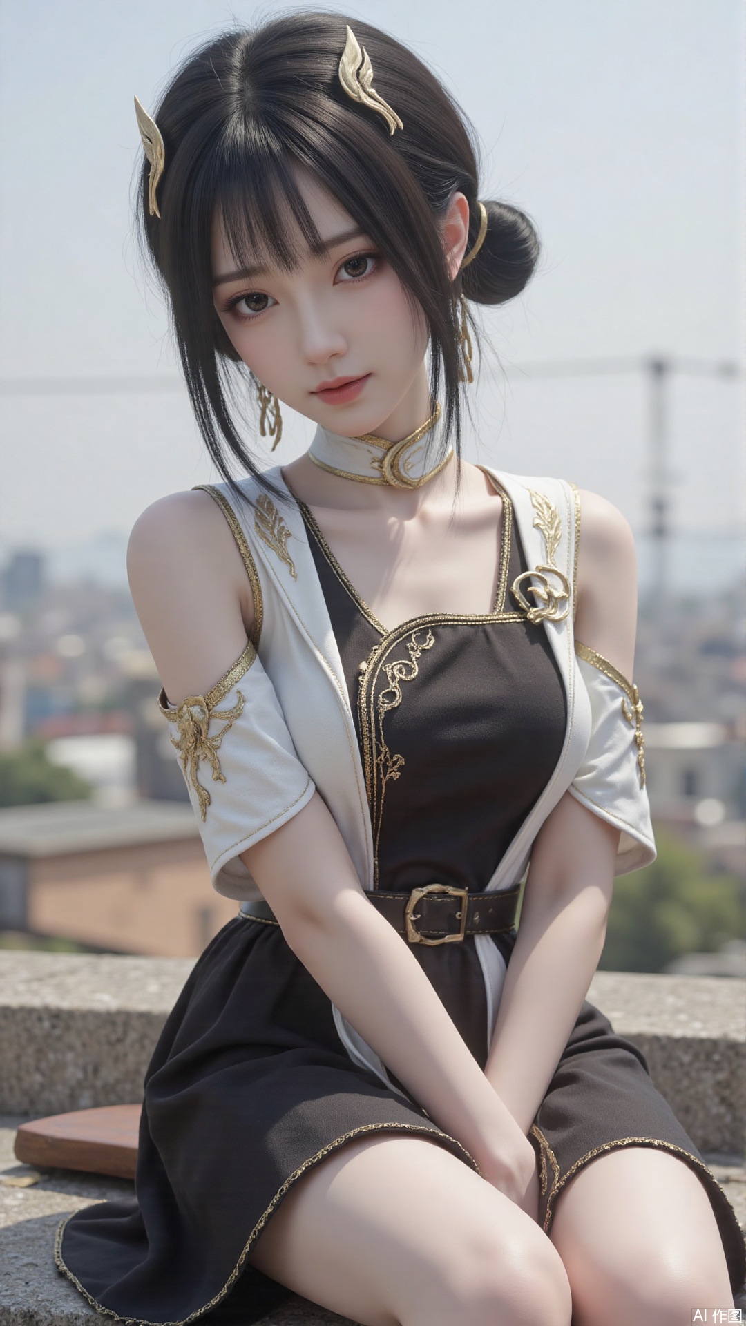 1girl, solo, black hair, dress, hair bun, hair ornament, double bun, looking at viewer, mischevious smile, perfect body, scenery, sharp focus, best quality, masterpiece, detailed outfit, illustration, perfect eyes, finely detailed beautiful anime eyes, realistic skin, intricate details, best lighting, depth of field, ultra high resolution,sitting