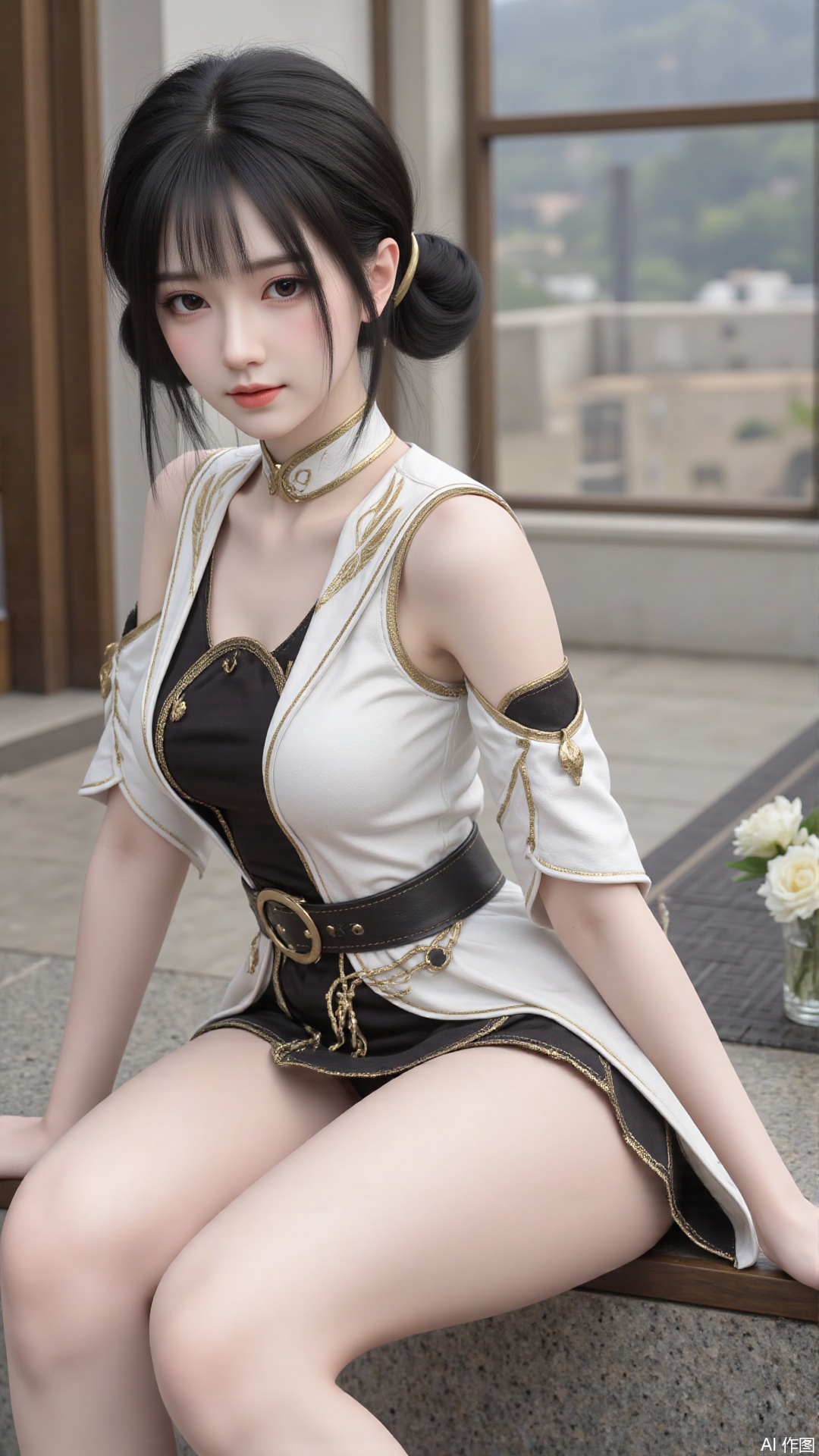 1girl, solo, black hair, dress, hair bun, hair ornament, double bun, looking at viewer, mischevious smile, perfect body, scenery, sharp focus, best quality, masterpiece, detailed outfit, illustration, perfect eyes, finely detailed beautiful anime eyes, realistic skin, intricate details, best lighting, depth of field, ultra high resolution,sitting