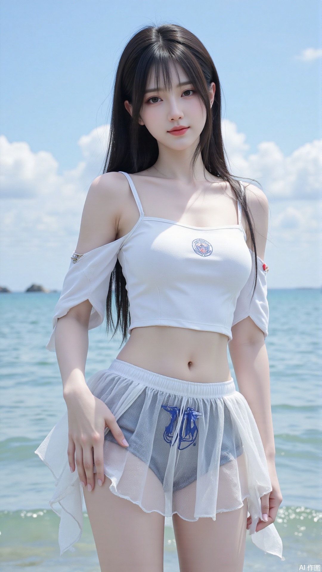 Korean girl, single, showing navel, long hair, thighs, wearing shirt, outdoors, looking at viewer, realistic style, with water and sky, daytime, fair thighs, white tube top, short top, sea, lips, blue sky, short sleeves, smile, clouds, dark eyes, big eyes Eyes, plump breasts, plump breasts, chest, looking at the audience, looking at the screen, bare shoulders, collarbone, standing in the sea, (((upper body red short-sleeved, short top)), (((wearing a translucent The white gauze skirt and blue swimming trunks with the school team logo)) were soaked in the water and were soaked.