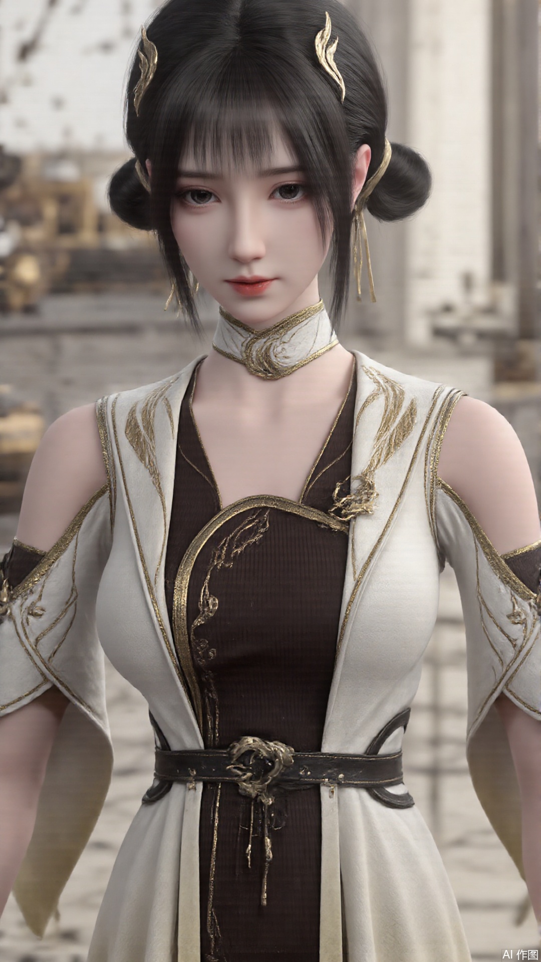 1girl, solo, black hair, dress, hair bun, hair ornament, double bun, looking at viewer, mischevious smile, perfect body, scenery, sharp focus, best quality, masterpiece, detailed outfit, illustration, perfect eyes, finely detailed beautiful anime eyes, realistic skin, intricate details, best lighting, depth of field, ultra high resolution,cowboy_shot