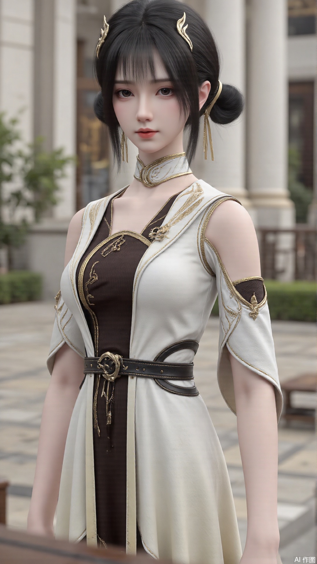 1girl, solo, black hair, dress, hair bun, hair ornament, double bun, looking at viewer, mischevious smile, perfect body, scenery, sharp focus, best quality, masterpiece, detailed outfit, illustration, perfect eyes, finely detailed beautiful anime eyes, realistic skin, intricate details, best lighting, depth of field, ultra high resolution,cowboy_shot