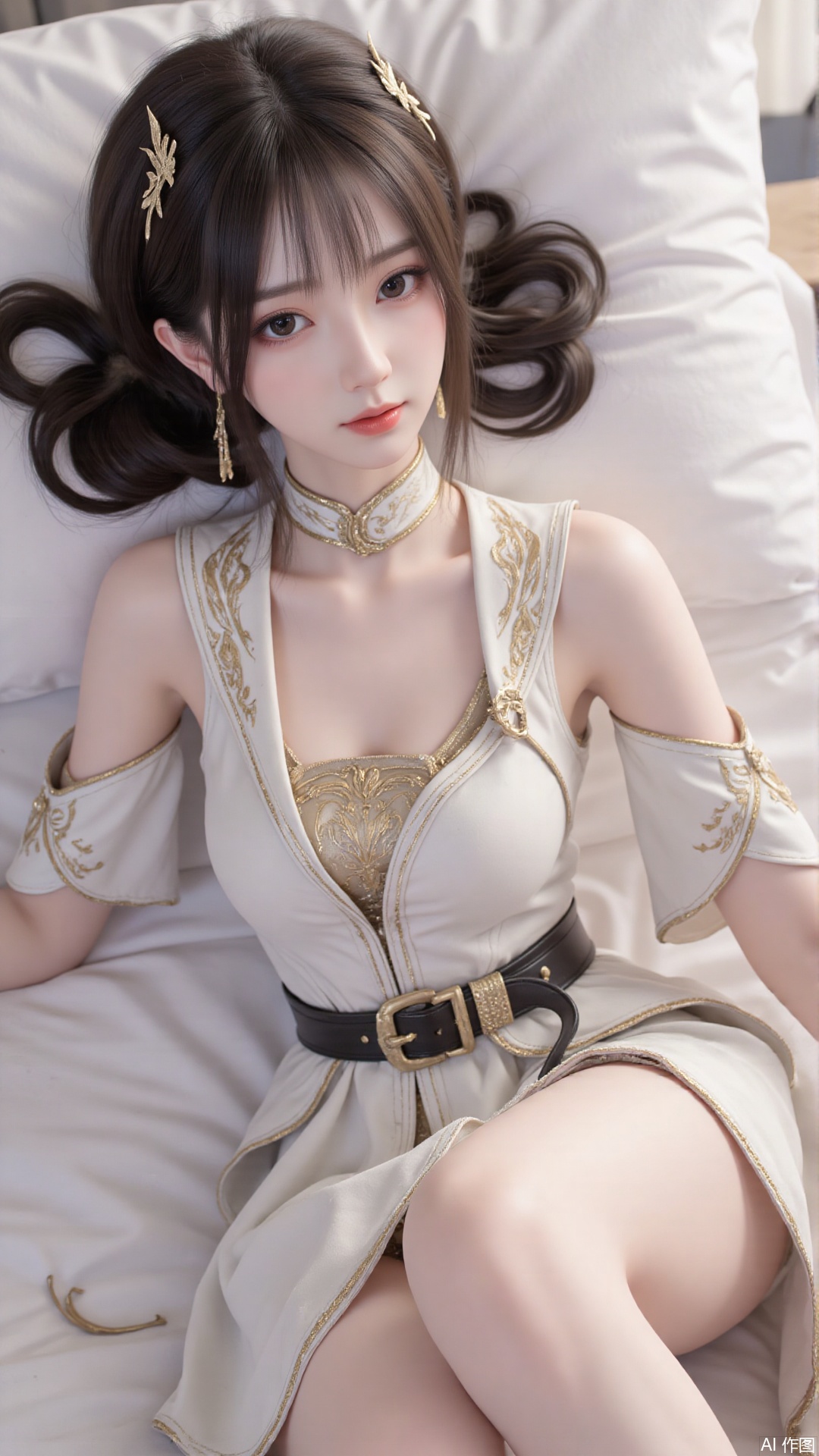 1girl, solo, jewelry, earrings, breasts, necklace, dress, realistic, bare shoulders, looking at viewer, lying, perfect body, scenery, sharp focus, best quality, masterpiece, detailed outfit, illustration, perfect eyes, finely detailed beautiful anime eyes, realistic skin, intricate details, best lighting, depth of field, ultra high resolution, bed, from above
