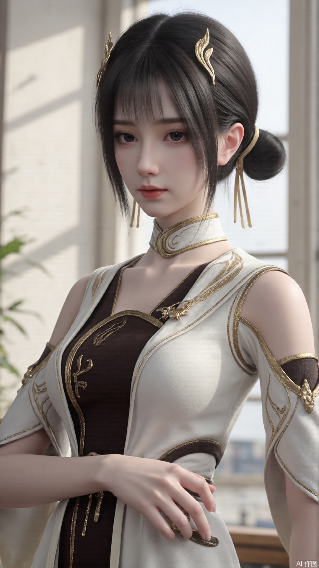 1girl, solo, black hair, dress, hair bun, hair ornament, double bun, looking at viewer, mischevious smile, perfect body, scenery, sharp focus, best quality, masterpiece, detailed outfit, illustration, perfect eyes, finely detailed beautiful anime eyes, realistic skin, intricate details, best lighting, depth of field, ultra high resolution,cowboy_shot