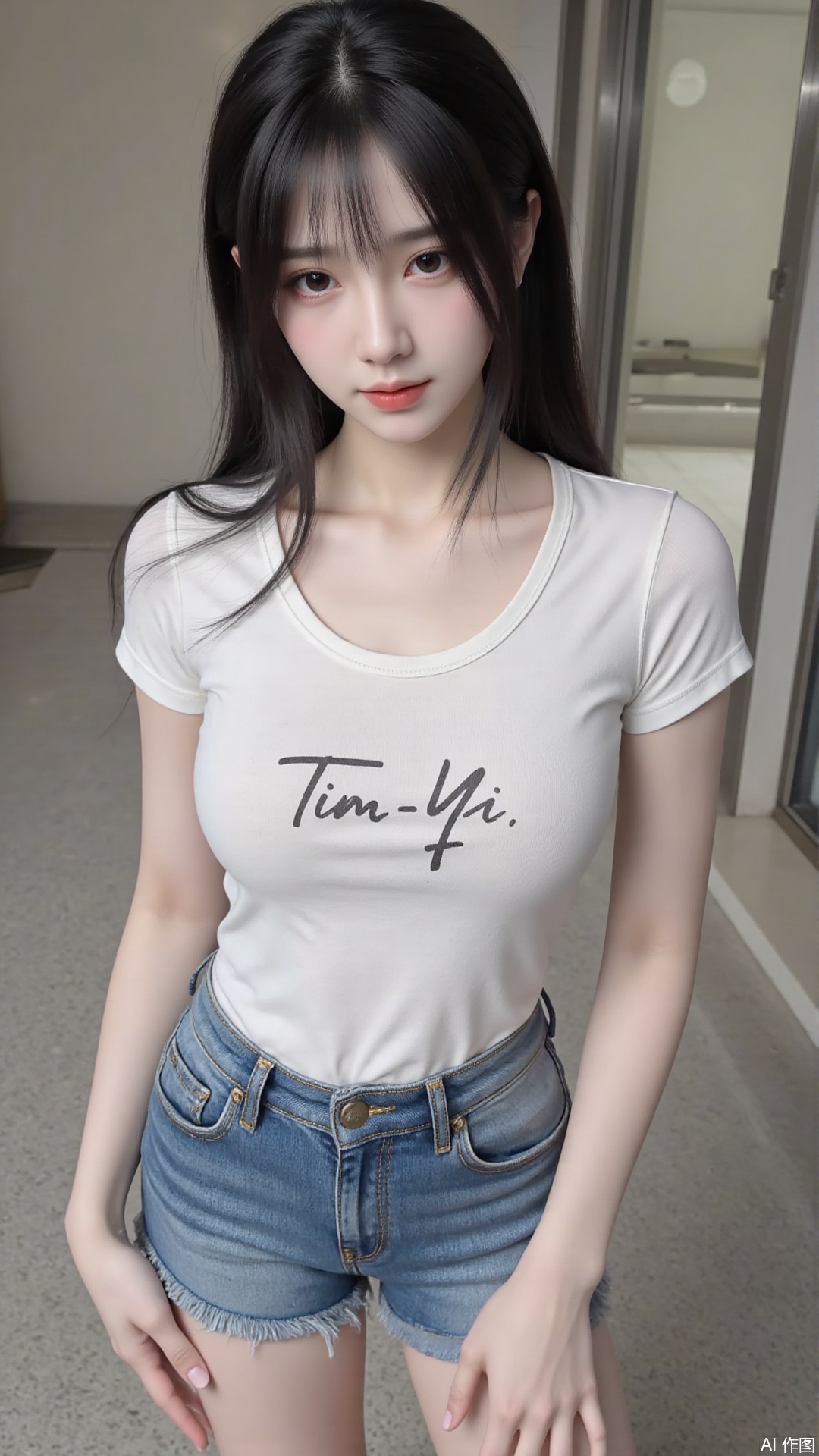 White t-shirt with ”Tim_Yi“ written on it, jeans shorts,1girl