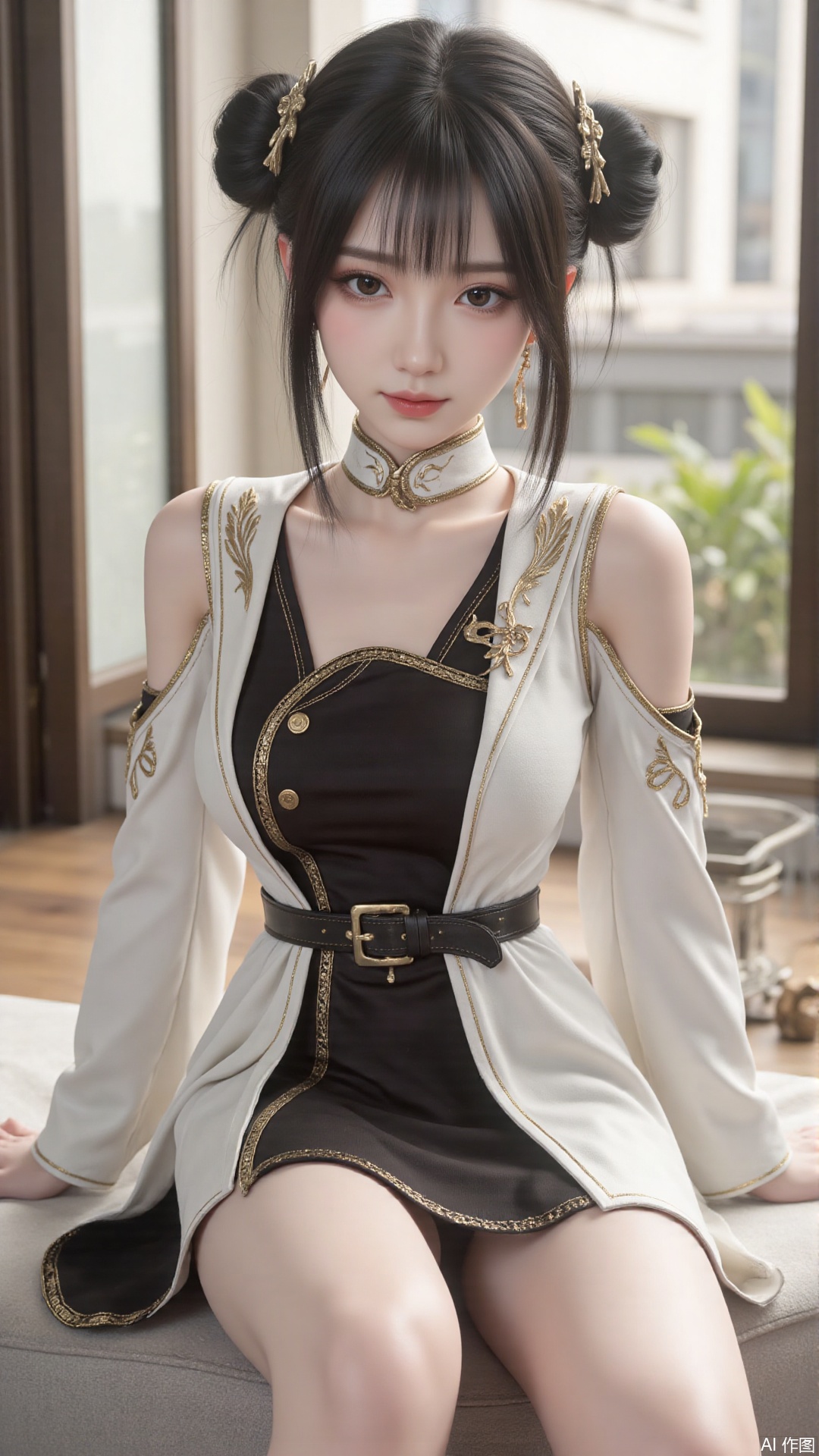 1girl, solo, black hair, dress, hair bun, hair ornament, double bun, looking at viewer, mischevious smile, perfect body, scenery, sharp focus, best quality, masterpiece, detailed outfit, illustration, perfect eyes, finely detailed beautiful anime eyes, realistic skin, intricate details, best lighting, depth of field, ultra high resolution,sitting