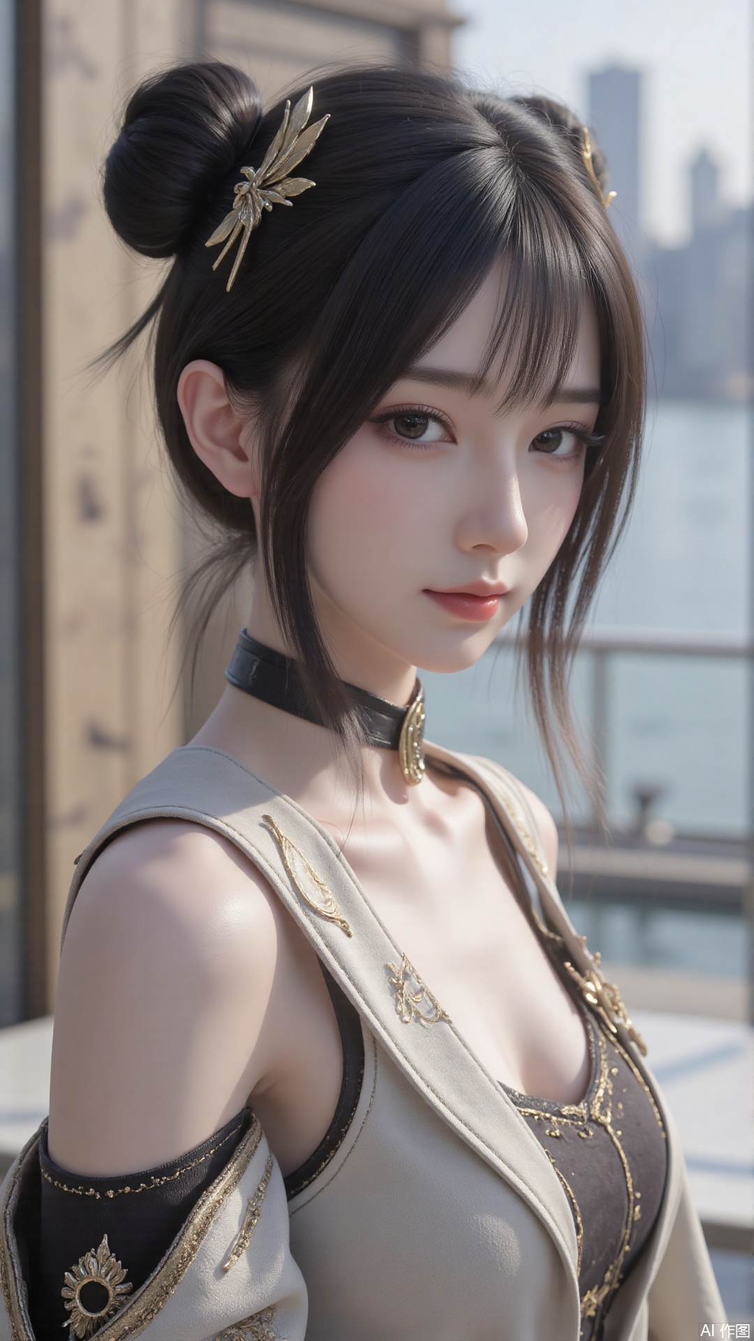 1girl, solo, black hair, dress, hair bun, hair ornament, double bun, looking at viewer, mischevious smile, perfect body, scenery, sharp focus, best quality, masterpiece, detailed outfit, illustration, perfect eyes, finely detailed beautiful anime eyes, realistic skin, intricate details, best lighting, depth of field, ultra high resolution,cowboy_shot