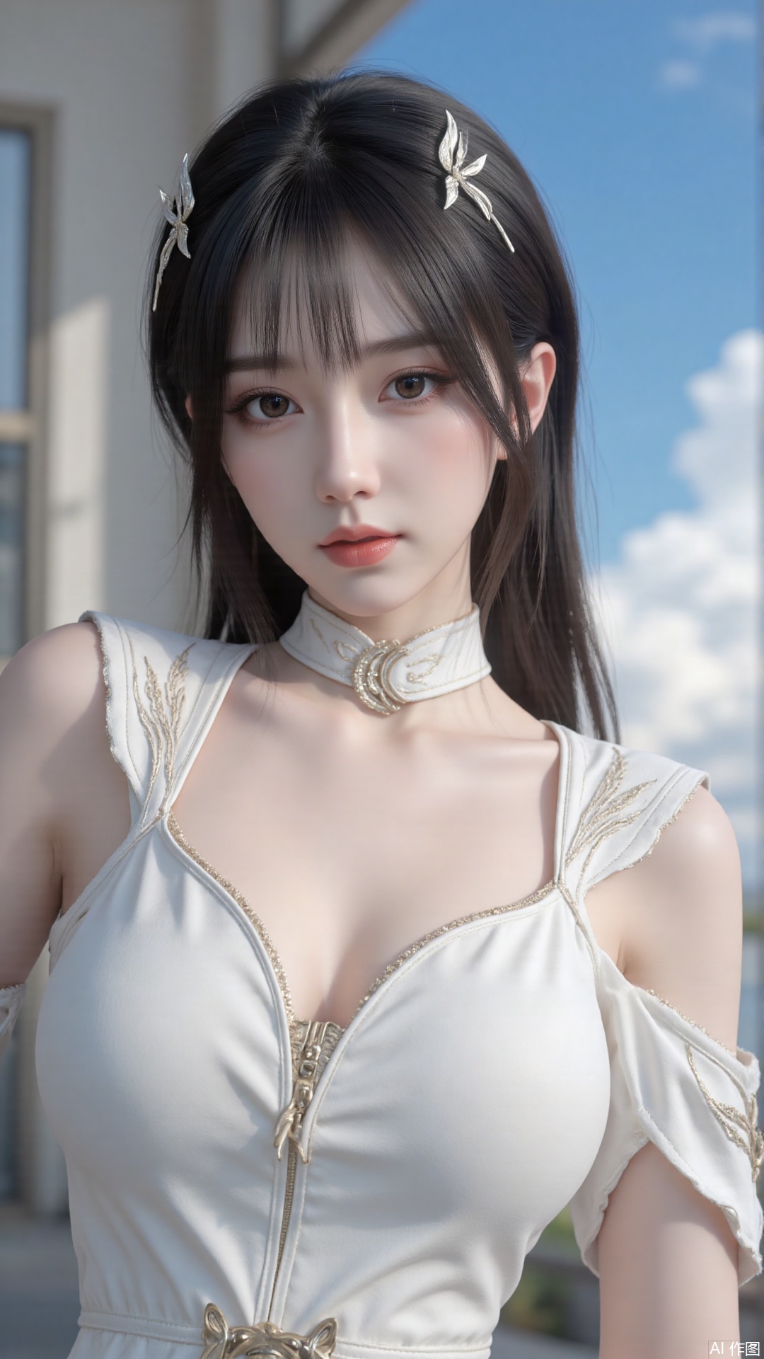 Very detailed face, extremely detailed eyes and face, blue eyes, (vacuum), 8K wallpaper, light leak, beautiful and detailed girl, extremely detailed CGUnity8K wallpaper, an extremely detailed and beautiful, beautiful and detailed eyes, masterpiece, best quality, Real photo level, (frontal shooting panoramic perspective), ( (Full body photo)), dynamic angle, dynamic pose, solo, ancient style silver hairpin with petals, blue sky and white clouds, (C cup), (huge round breasts), slender legs, super good figure, stunning beauty, (whole body in the mirror) , (wearing Lolita nightgown), (light reflects the shadow of the body through the clothes),vacuum,bare and smooth