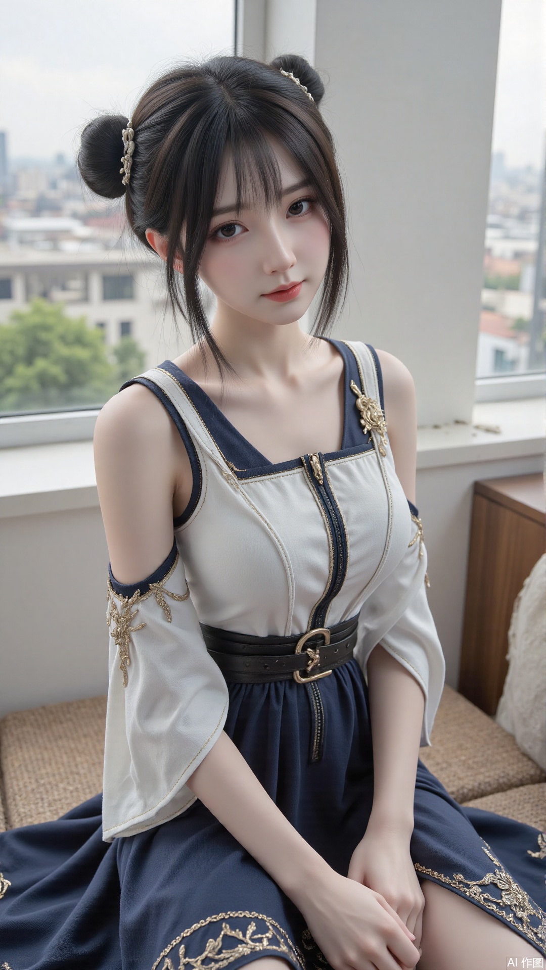 1girl, solo, black hair, dress, hair bun, hair ornament, double bun, looking at viewer, mischevious smile, perfect body, scenery, sharp focus, best quality, masterpiece, detailed outfit, illustration, perfect eyes, finely detailed beautiful anime eyes, realistic skin, intricate details, best lighting, depth of field, ultra high resolution,cowboy_shot