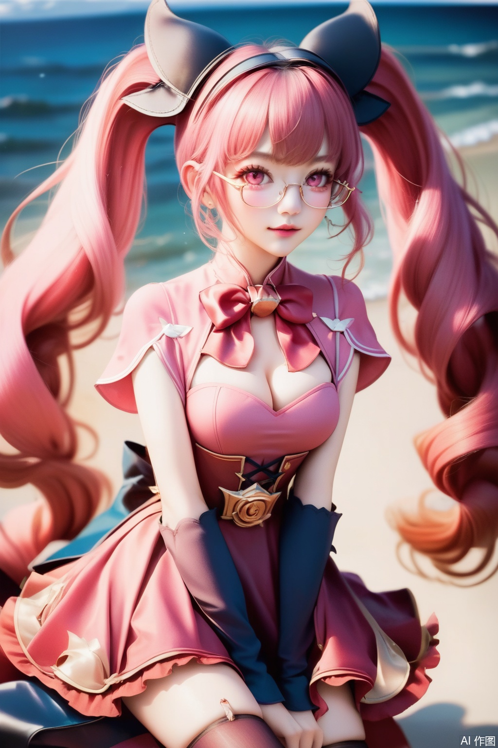 score_9,score_8_up,score_7_up,,1girl, solo, long hair, breasts, looking at viewer, bangs, dress, bow, twintails, very long hair, pink hair, detached sleeves, glasses, bowtie, pink eyes, red bow, pink dress,masterpiece,best quality,official art,extremely detailed CG unity 8k wallpaper,Thigh exposed,thighhighs,looking at viewer,on the beach,on the beach,
