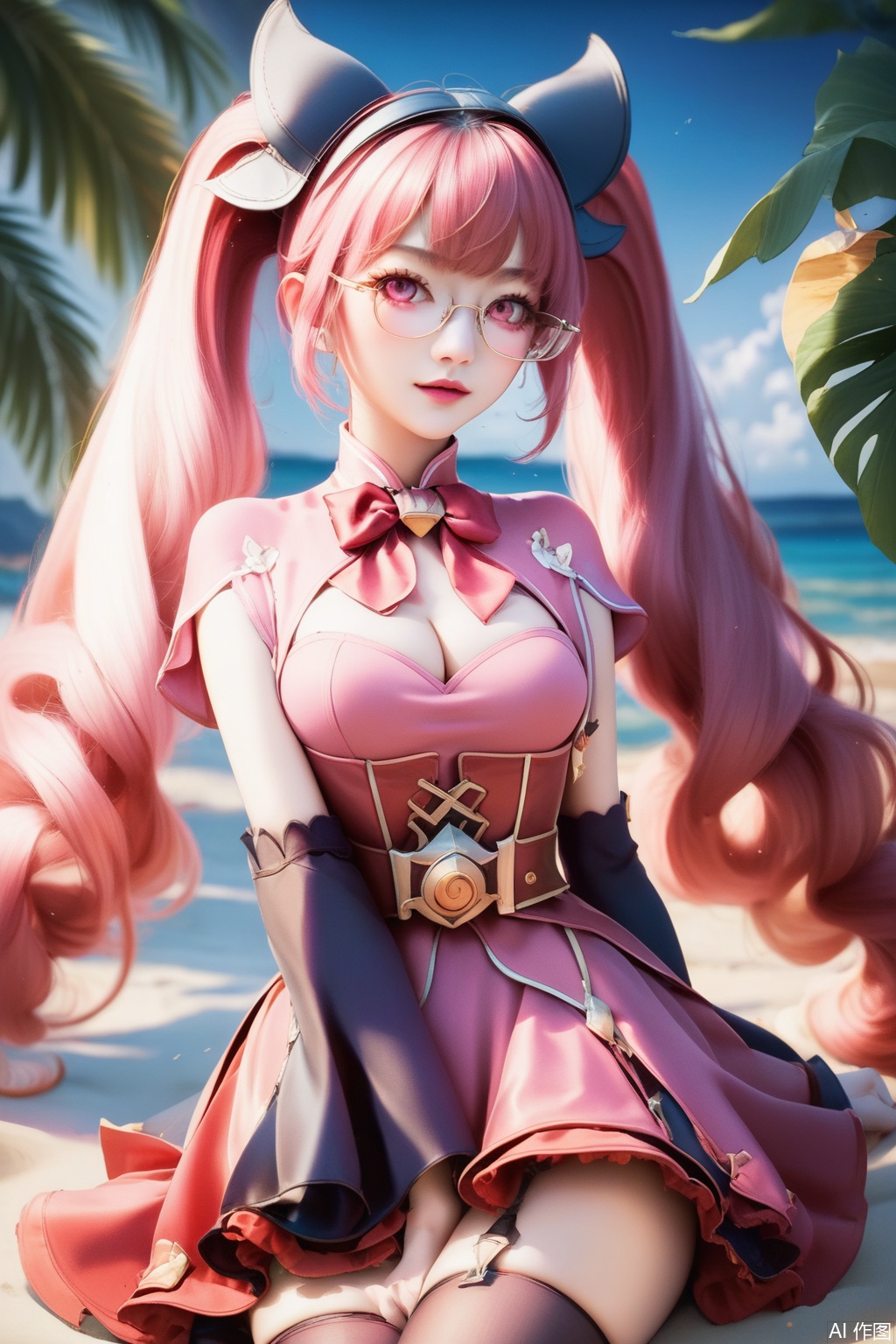 score_9,score_8_up,score_7_up,,1girl, solo, long hair, breasts, looking at viewer, bangs, dress, bow, twintails, very long hair, pink hair, detached sleeves, glasses, bowtie, pink eyes, red bow, pink dress,masterpiece,best quality,official art,extremely detailed CG unity 8k wallpaper,Thigh exposed,thighhighs,looking at viewer,on the beach,on the beach,
