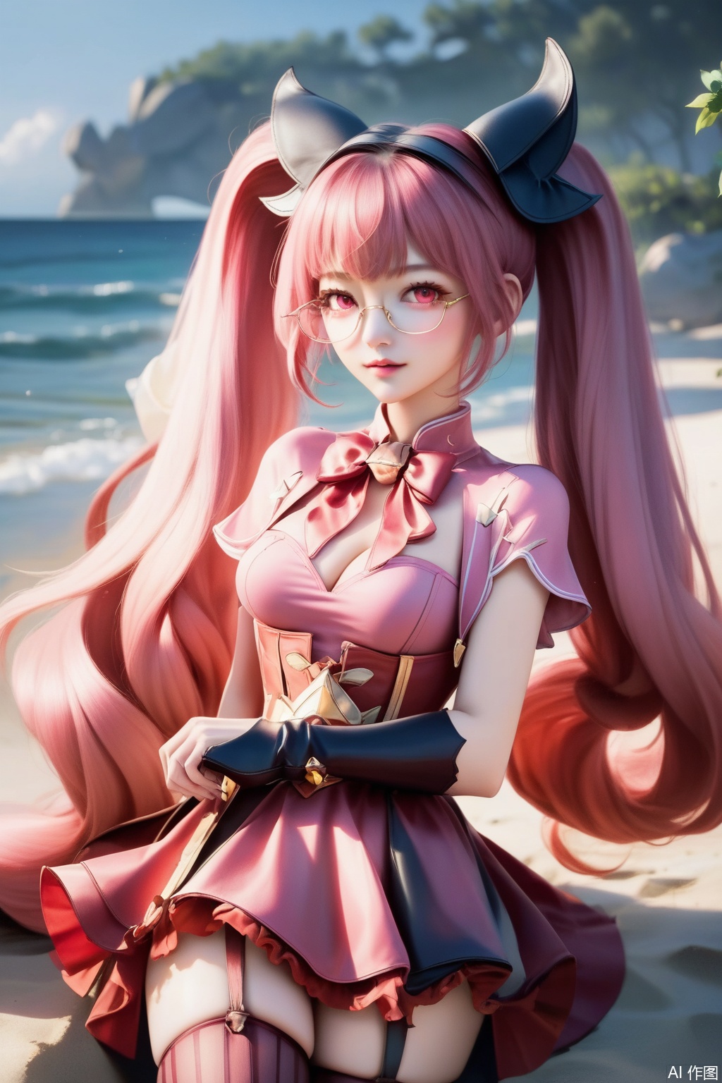score_9,score_8_up,score_7_up,,1girl, solo, long hair, breasts, looking at viewer, bangs, dress, bow, twintails, very long hair, pink hair, detached sleeves, glasses, bowtie, pink eyes, red bow, pink dress,masterpiece,best quality,official art,extremely detailed CG unity 8k wallpaper,Thigh exposed,thighhighs,looking at viewer,on the beach,on the beach,
