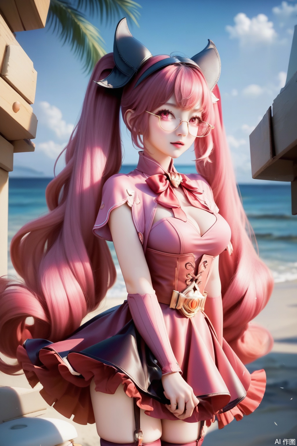 score_9,score_8_up,score_7_up,,1girl, solo, long hair, breasts, looking at viewer, bangs, dress, bow, twintails, very long hair, pink hair, detached sleeves, glasses, bowtie, pink eyes, red bow, pink dress,masterpiece,best quality,official art,extremely detailed CG unity 8k wallpaper,Thigh exposed,thighhighs,looking at viewer,on the beach,on the beach,
