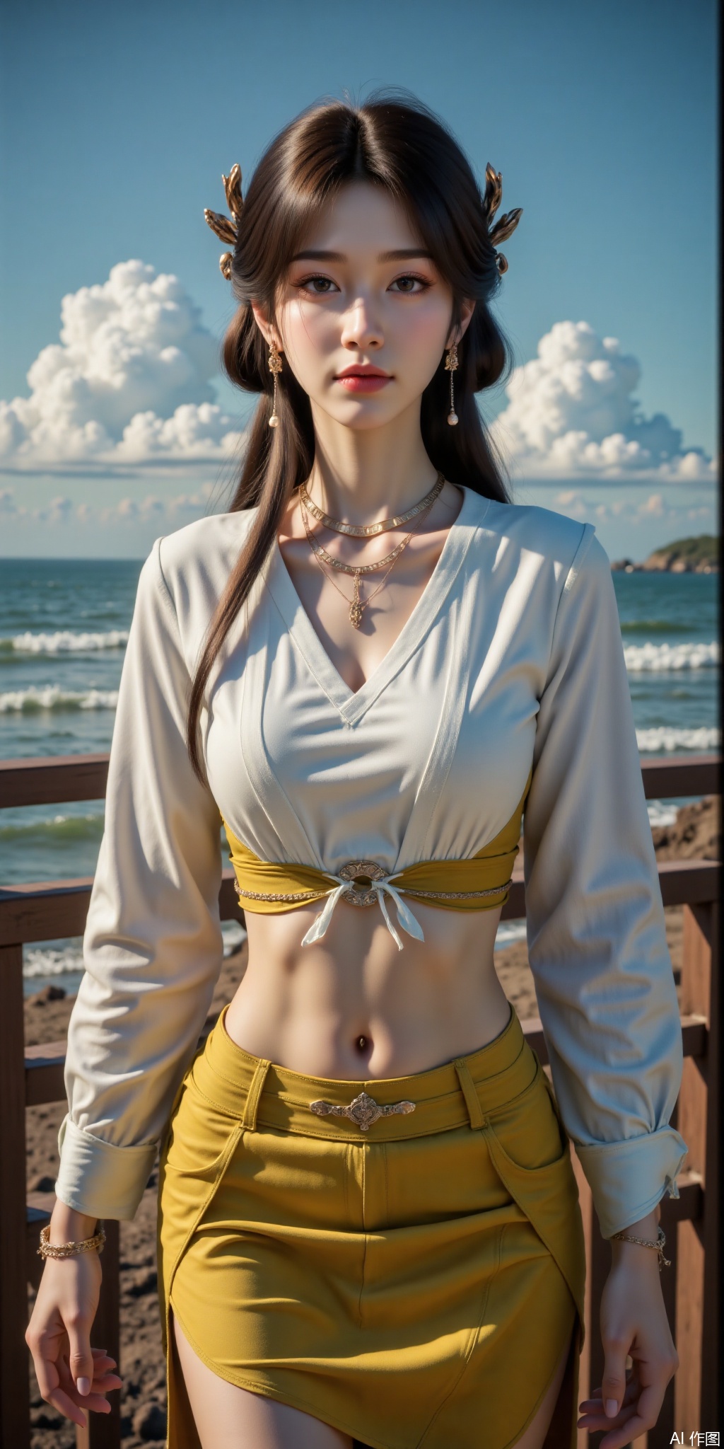 surreal warm cinematic full body shot photography, Kodak Professional Portra 160, 1girl,looking_at_viewer,navel,, ,realistic,,pose for picture,Dynamic posture, ,良好解剖结构,真人肌肤纹理, 4K画质,完美身材,1girl
solo
long hair
breasts
looking at viewer
skirt
brown hair
shirt
hair ornament
navel
brown eyes
jewelry
standing
white shirt
earrings
outdoors
sky
day
midriff
cloud
necklace
bracelet
blue sky
crop top
ocean
yellow skirt,meining