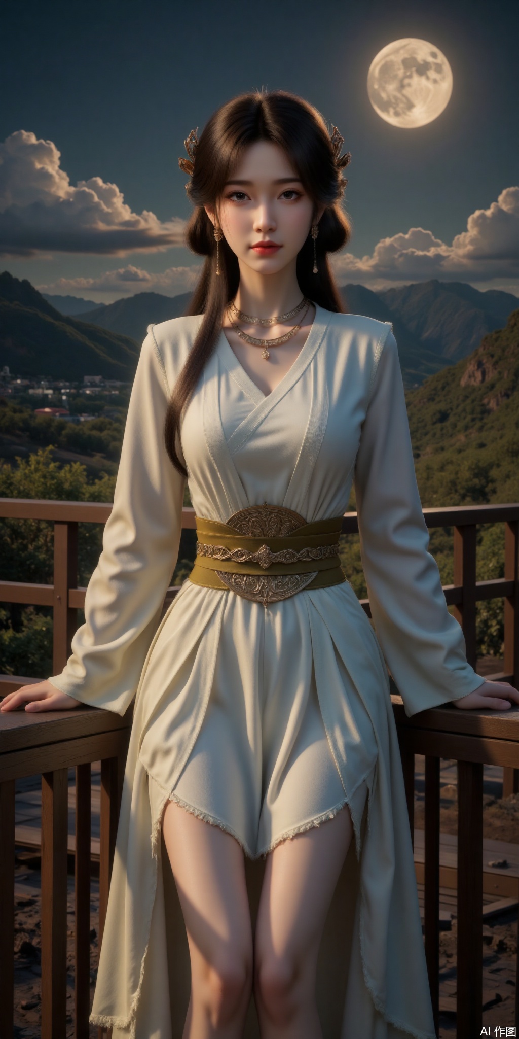 surreal warm cinematic full body shot photography, Kodak Professional Portra 160, 1girl,looking_at_viewer,navel,, ,realistic,,pose for picture,Dynamic posture, ,良好解剖结构,真人肌肤纹理, 4K画质,完美身材, 
1girl
solo
long hair
looking at viewer
brown hair
hair ornament
long sleeves
dress
jewelry
standing
outdoors
sky
cloud
necklace
white dress
night
moon
night sky
full moon
mountain
railing,meining