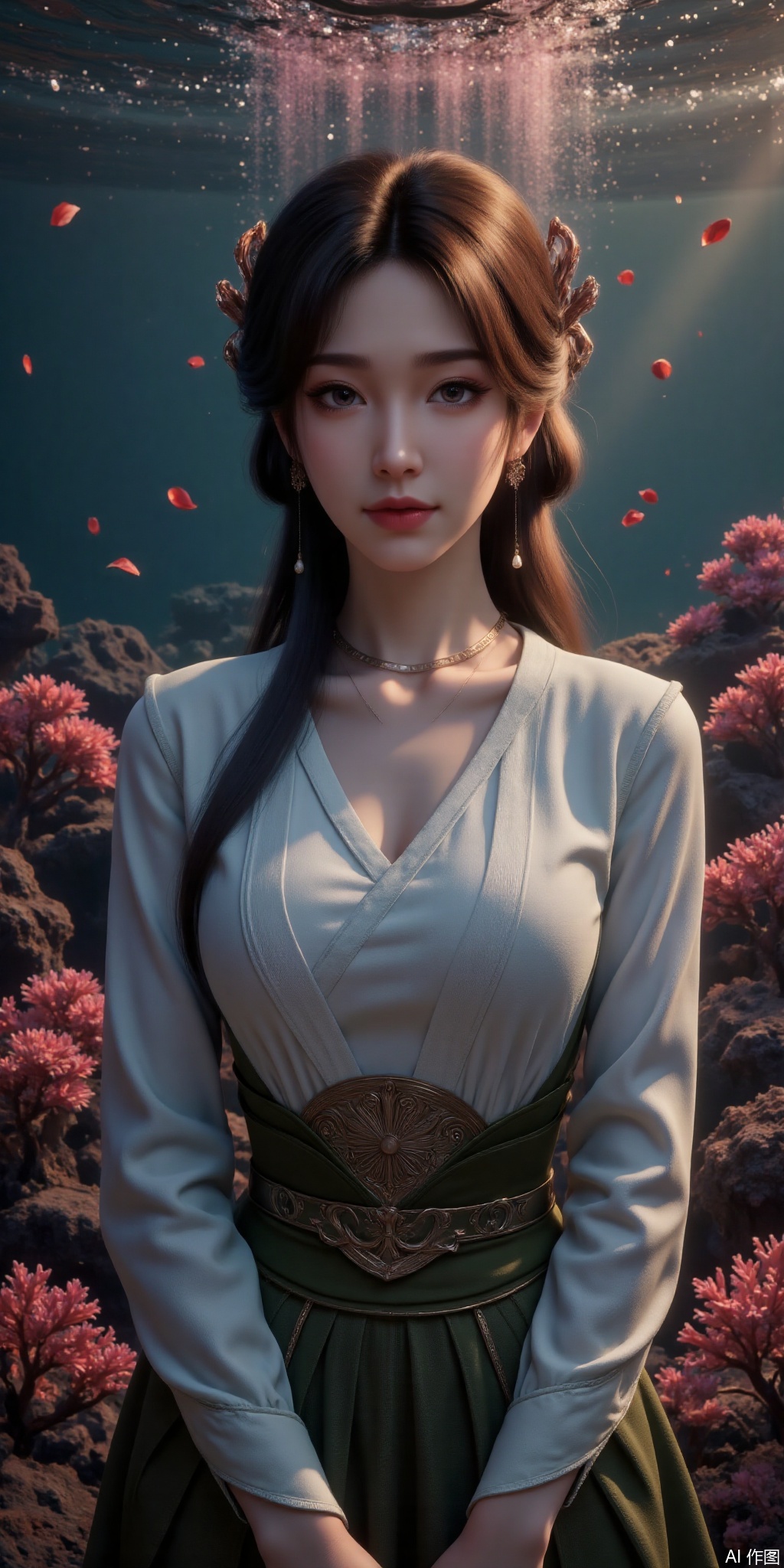 1girl,underwater,shirt,Coral reef,pink mist,upper body,fantasy art,flowers,long hair flowing,HD +,8K,best quality,masterpiece,highly detailed,studio lighting,ultra-fine painting,sharp focus,physics-based rendering,extreme detail description,professional,masterpiece,best quality,exquisite,beautiful,fresh,((ultra realistic photograph)),(highest quality 8K resolution),[intricate details: skin pores, eyelash strands, fabric texture],[lighting: cinematic rim lighting + soft diffused key light],depth of field f/1.4,Hasselblad H6D-400c,[color grading: muted tones with warm/cool contrast],hyperrealistic human anatomy,natural body posture,environment reflection in eyes,[texture contrast: matte skin vs glossy lips],film grain simulation,Academy Color Encoding System,Low-key Rembrandt lighting with chiaroscuro effect,full-body shot from head to toe,full-length portrait,entire figure visible,complete anatomy showing feet to head,(photorealistic:1.3),HD photography,