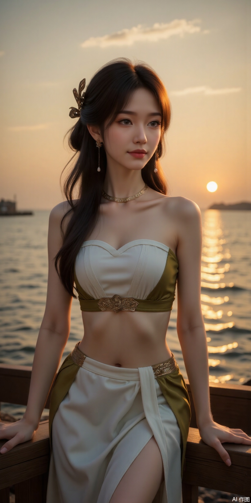 surreal warm cinematic full body shot photography, Kodak Professional Portra 160, 1girl,looking_at_viewer,navel,, ,realistic,,pose for picture,Dynamic posture, ,良好解剖结构,真人肌肤纹理, 4K画质,完美身材, 
best quality, masterpiece, realistic,cowboy_shot,(Good structure), DSLR Quality,Depth of field,kind smile,looking_at_viewer,Dynamic pose, 1girl, solo, long hair, , looking at viewer, skirt, hair ornament, bare shoulders, jewelry, , , earrings, outdoors, midriff, water, necklace, lips, crop top, grey eyes, leaning forward, ocean, white skirt, strapless vest, sunset, sun,meining,brown hair