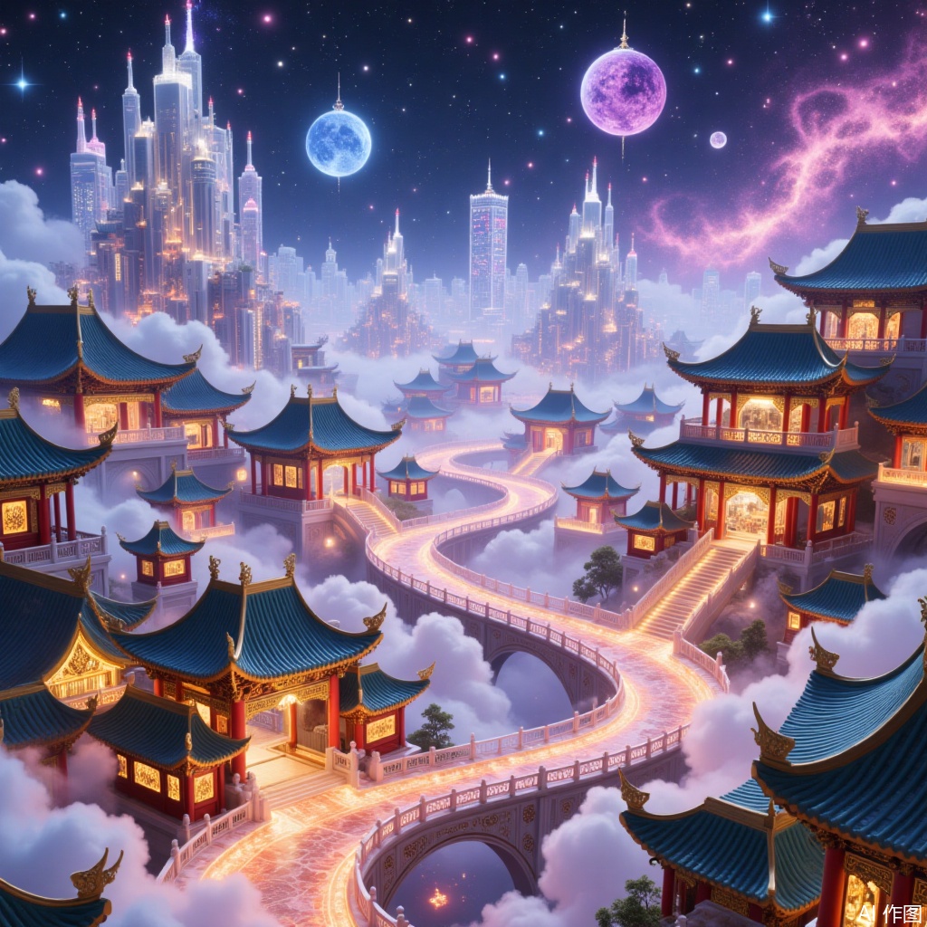 Chinese-style city,glittering and translucent,scenery,starry sky