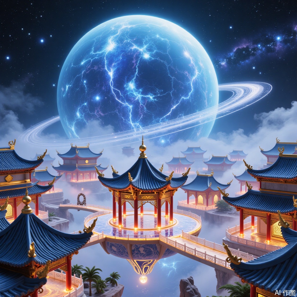 Chinese-style city,glittering and translucent, scenery,starry sky is a building that combines traditional Chinese style with a sense of futuristic technology, retaining classic elements such as flying eaves and corners, carved beams and painted buildings, and integrating modern technological features such as transparent materials, luminous lines and smart glass. At night, the building is illuminated by soft and mysterious lights. The background is a huge blue planet hanging in the night sky. It is surrounded by bright stars and the Milky Way, creating a dreamy universe atmosphere. The picture is quiet and imaginative.