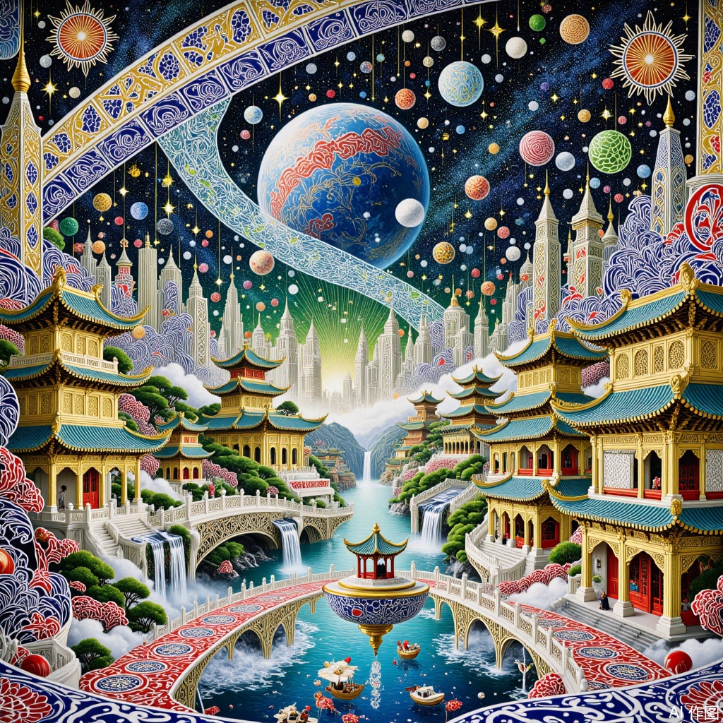 starry sky, planet, universe, starry sky,future city,Chinese-style city, The art of lines