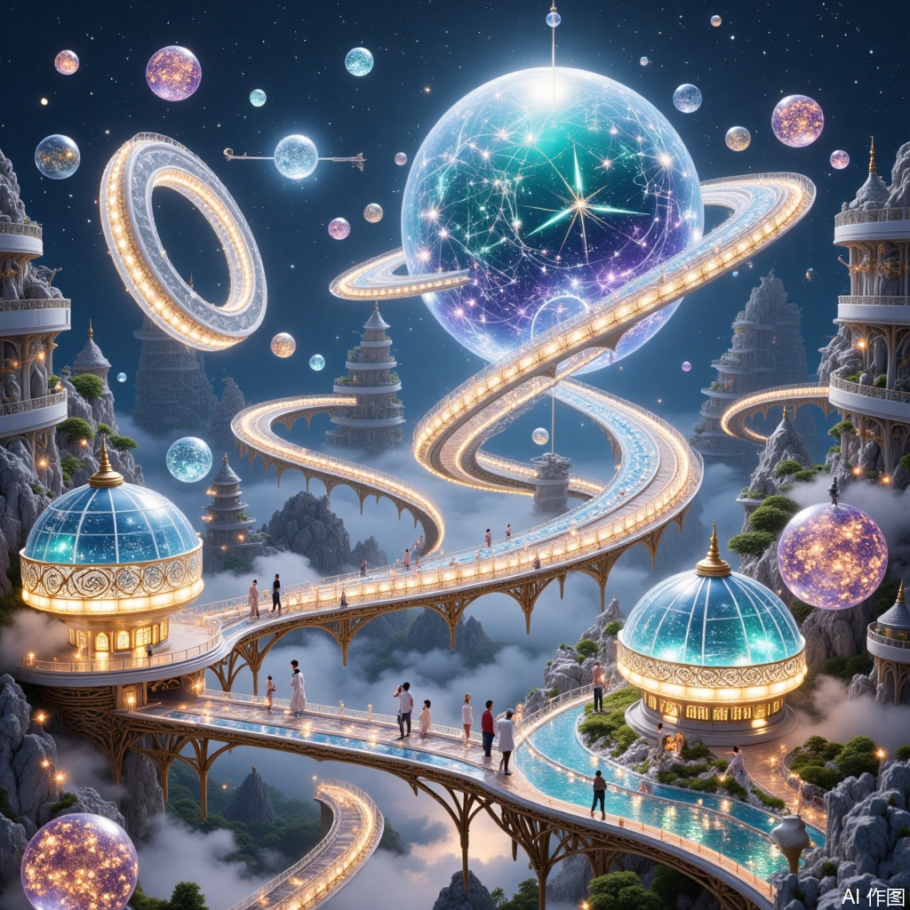 starry sky, planet, universe, starry sky,future city,Chinese-style city, The art of lines,Alternate dimension view