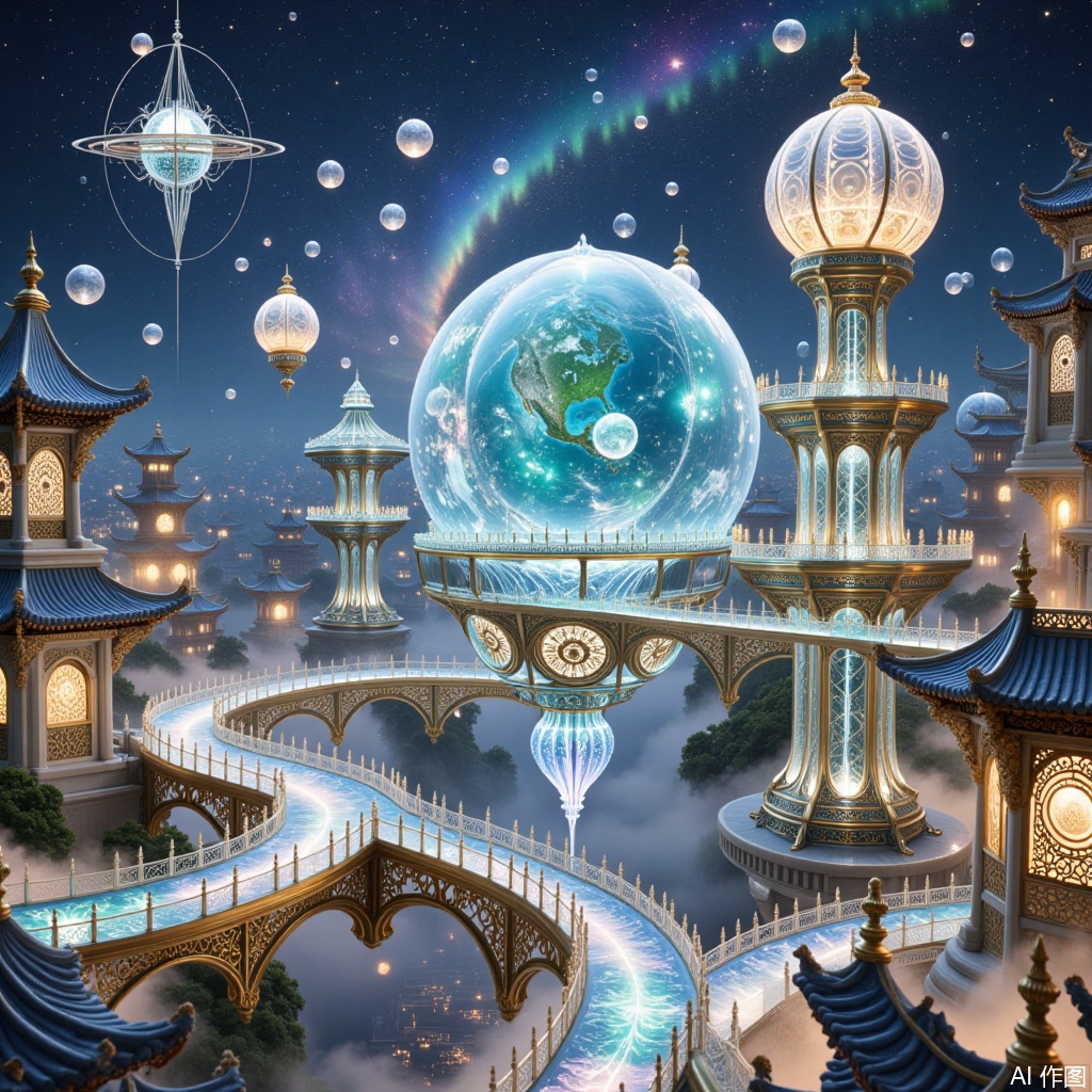 starry sky, planet, universe, starry sky,future city,Chinese-style city, The art of lines,Alternate dimension view