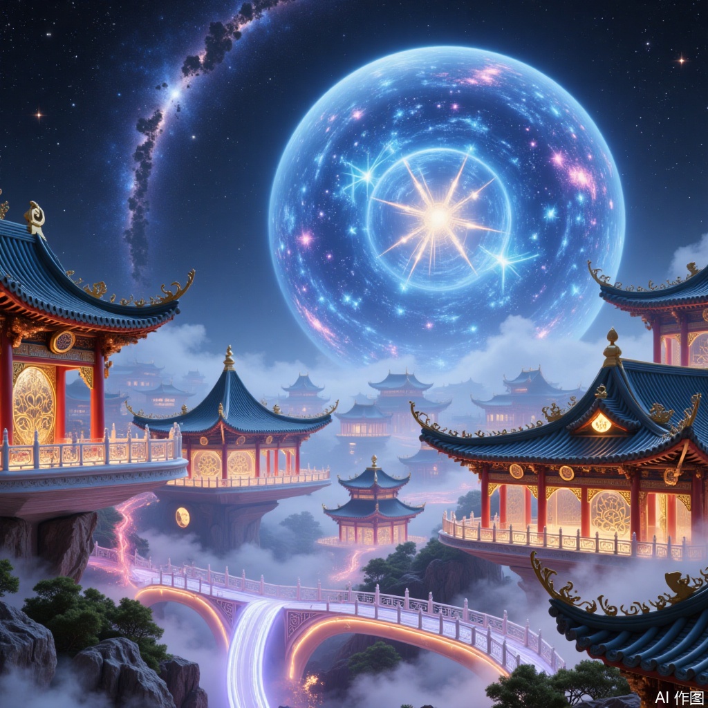 Chinese-style city,glittering and translucent, scenery,starry sky is a building that combines traditional Chinese style with a sense of futuristic technology, retaining classic elements such as flying eaves and corners, carved beams and painted buildings, and integrating modern technological features such as transparent materials, luminous lines and smart glass. At night, the building is illuminated by soft and mysterious lights. The background is a huge blue planet hanging in the night sky. It is surrounded by bright stars and the Milky Way, creating a dreamy universe atmosphere. The picture is quiet and imaginative.