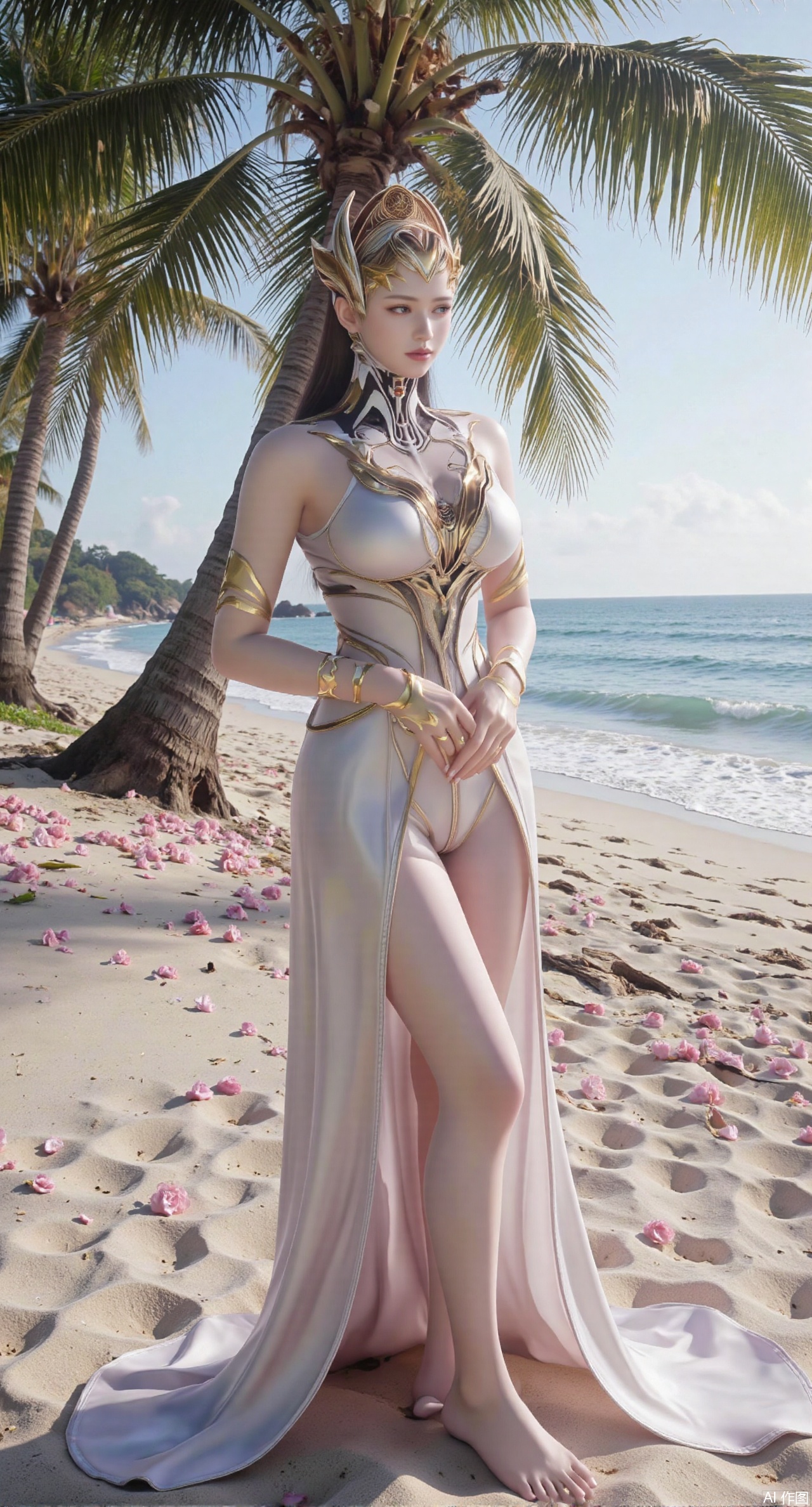 (masterpiece:1.2),best quality,absurdres,masterpiece,original,extremely detailed wallpaper,perfect lighting,Golden sandy beach covered with vibrant flowers, turquoise waves gently lapping the shore, , bright flower clusters spreading from sand to palm tree roots, soft natural light filtering through coconut leaves, ocean breeze lifting hair and qipao hem, high-resolution details showcasing petal textures and silk fabric sheen, ultra-wide angle lens capturing coastline panorama, cinematic color grading with soft focus on the central figure,(huge breasts:2.99),(full breasts:2.99),(pink rose flowers:1.59),