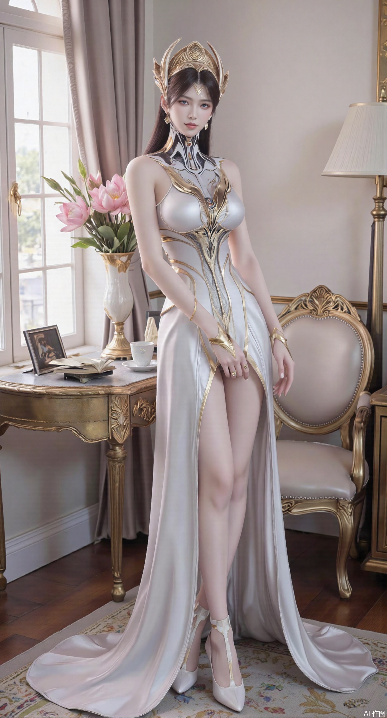  (masterpiece:1.2),best quality,Ultra clear, wallpaper, 8k, masterpiece, 1girl, solo, long hair, breasts, looking at viewer, bangs, large breasts,long dress,, bare shoulders, jewelry, black hair, standing, purple eyes, full body, flower, thighs, indoors, hair bun, long dress, high heels, cup, see-through, book, bare legs, window, table, white footwear, standing on one leg, curtains, pink flower, side slit, vase, ,(huge breasts:2.99),(full breasts:2.99),(pink lotus flowers:1.39),,Xanmiaoyi,Xyunwangshu,XlishaoyinY,Xbaixue,XanmiaoyiY,Xxiuqiuhua,XbaiyuerongY,XyunyunX,XqingnvzongZM,Xjuzi,Xshangguanweier,XanmiaoyiXY,XyunyunXY,Xjiangziyue,Xmeining,Xweinina,Xlenhuan,Xbabata,Xhuajin,Xjiangbilan,XbaihehuaiX,Xfuxinyun,Xhumeier,XhewanyuzhiyaoY,XlimuwanBF