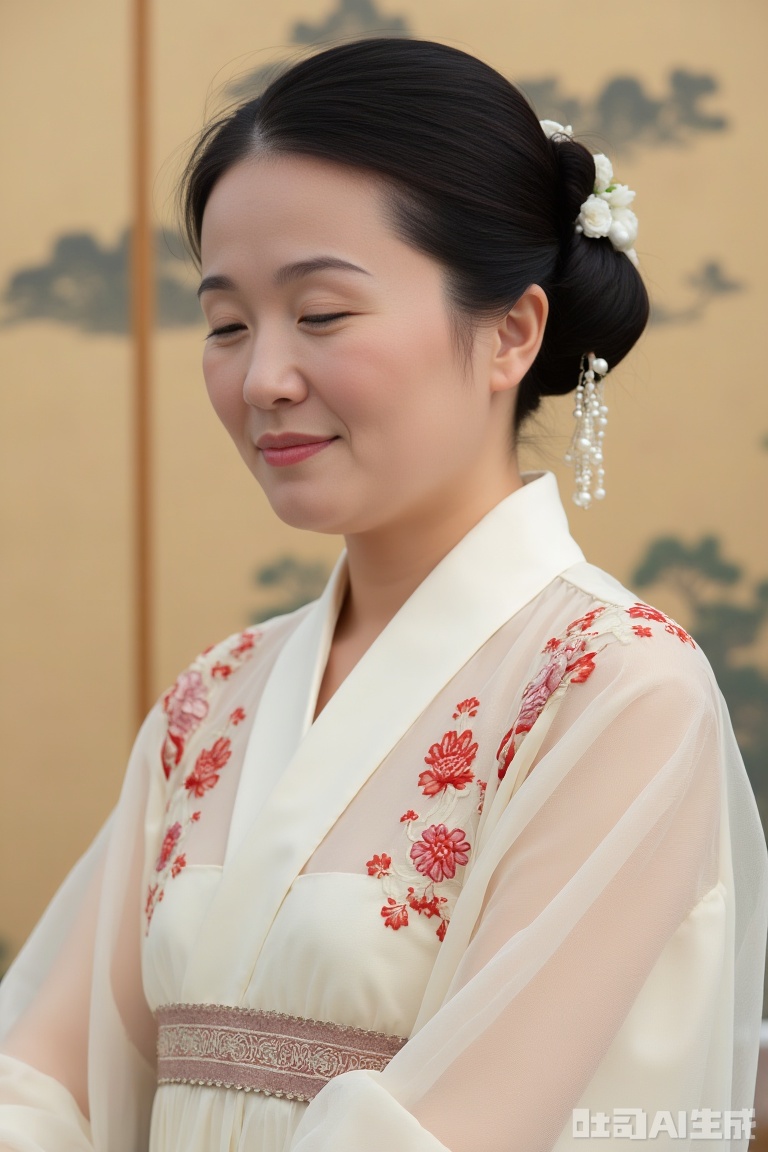 Half - body close - up of a gentle and charming ancient Eastern woman. She wears a gorgeous ruqun embroidered with peonies and cloud patterns, covered with a translucent tulle. Her hair is adorned with pearl hairpins and silk flowers. With her eyes lowered and a smile on her lips, she exudes a subtle and elegant aura. The background is an ink - wash style screen, creating an antique and fragrant artistic conception.