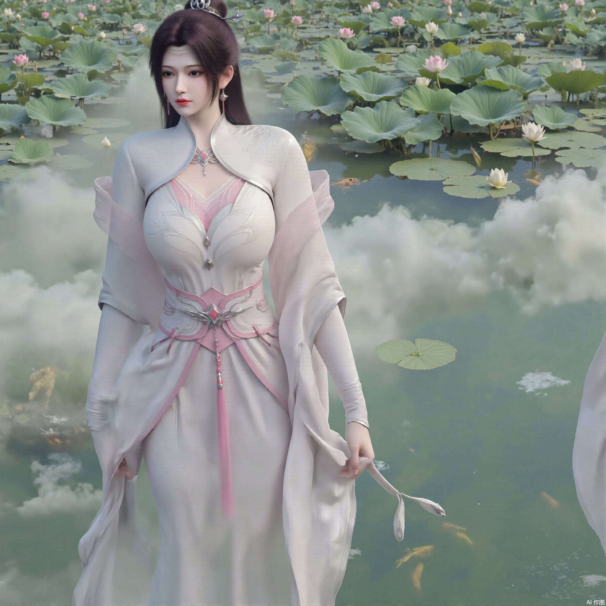 (masterpiece, best quality:1.2),A celestial maiden in Hanfu stands on a cloud, ethereal silk robes fluttering in the wind, swirling sea of clouds beneath her feet, background reveals the emerald lotus pond of Penglai Wonderland with blooming pink-white lotuses, golden koi fish swimming in translucent water, soft morning light piercing through mist, ultra HD rendering showcases intricate embroidery on Hanfu, 8K detail captures dewdrops on lotus petals, dynamic lighting effects emphasize swirling mist movement, panoramic composition creates ethereal celestial atmosphere,(huge breasts:2.99),(full breasts:2.99),