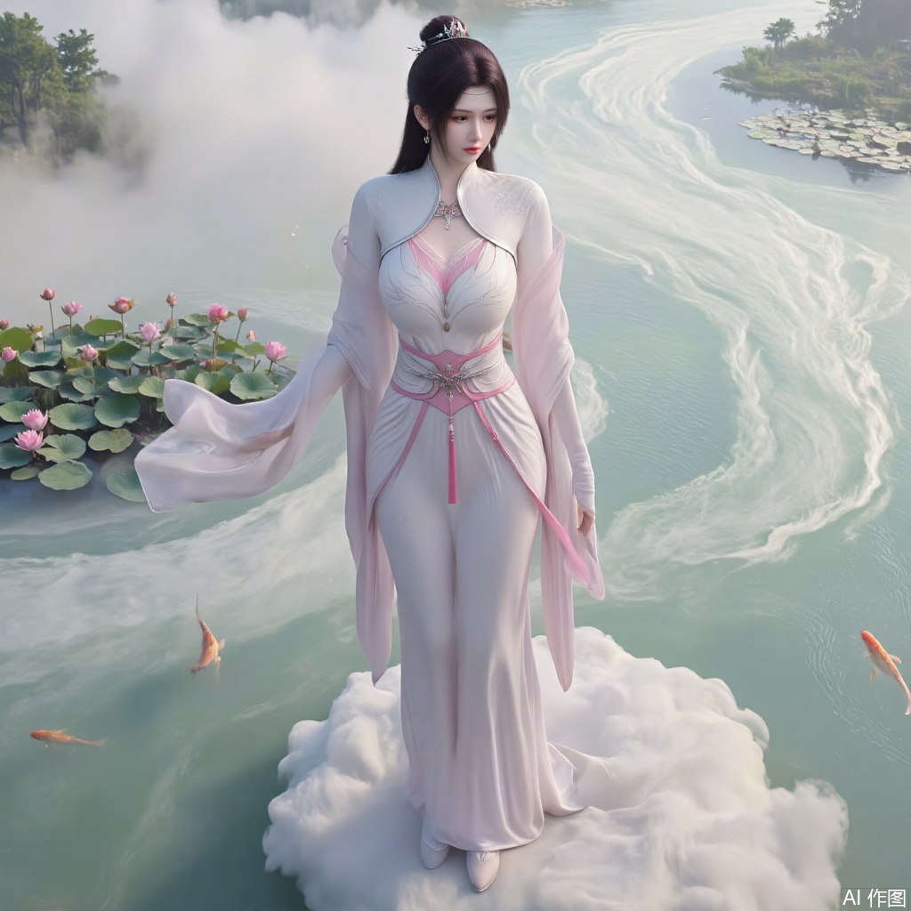 (masterpiece, best quality:1.2),A celestial maiden in Hanfu stands on a cloud, ethereal silk robes fluttering in the wind, swirling sea of clouds beneath her feet, background reveals the emerald lotus pond of Penglai Wonderland with blooming pink-white lotuses, golden koi fish swimming in translucent water, soft morning light piercing through mist, ultra HD rendering showcases intricate embroidery on Hanfu, 8K detail captures dewdrops on lotus petals, dynamic lighting effects emphasize swirling mist movement, panoramic composition creates ethereal celestial atmosphere,(huge breasts:2.99),(full breasts:2.99),