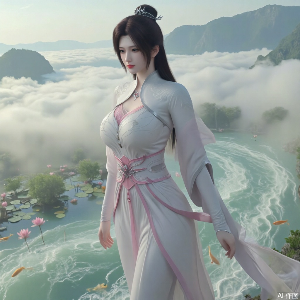 (masterpiece, best quality:1.2),A celestial maiden in Hanfu stands on a cloud, ethereal silk robes fluttering in the wind, swirling sea of clouds beneath her feet, background reveals the emerald lotus pond of Penglai Wonderland with blooming pink-white lotuses, golden koi fish swimming in translucent water, soft morning light piercing through mist, ultra HD rendering showcases intricate embroidery on Hanfu, 8K detail captures dewdrops on lotus petals, dynamic lighting effects emphasize swirling mist movement, panoramic composition creates ethereal celestial atmosphere,(huge breasts:2.99),(full breasts:2.99),