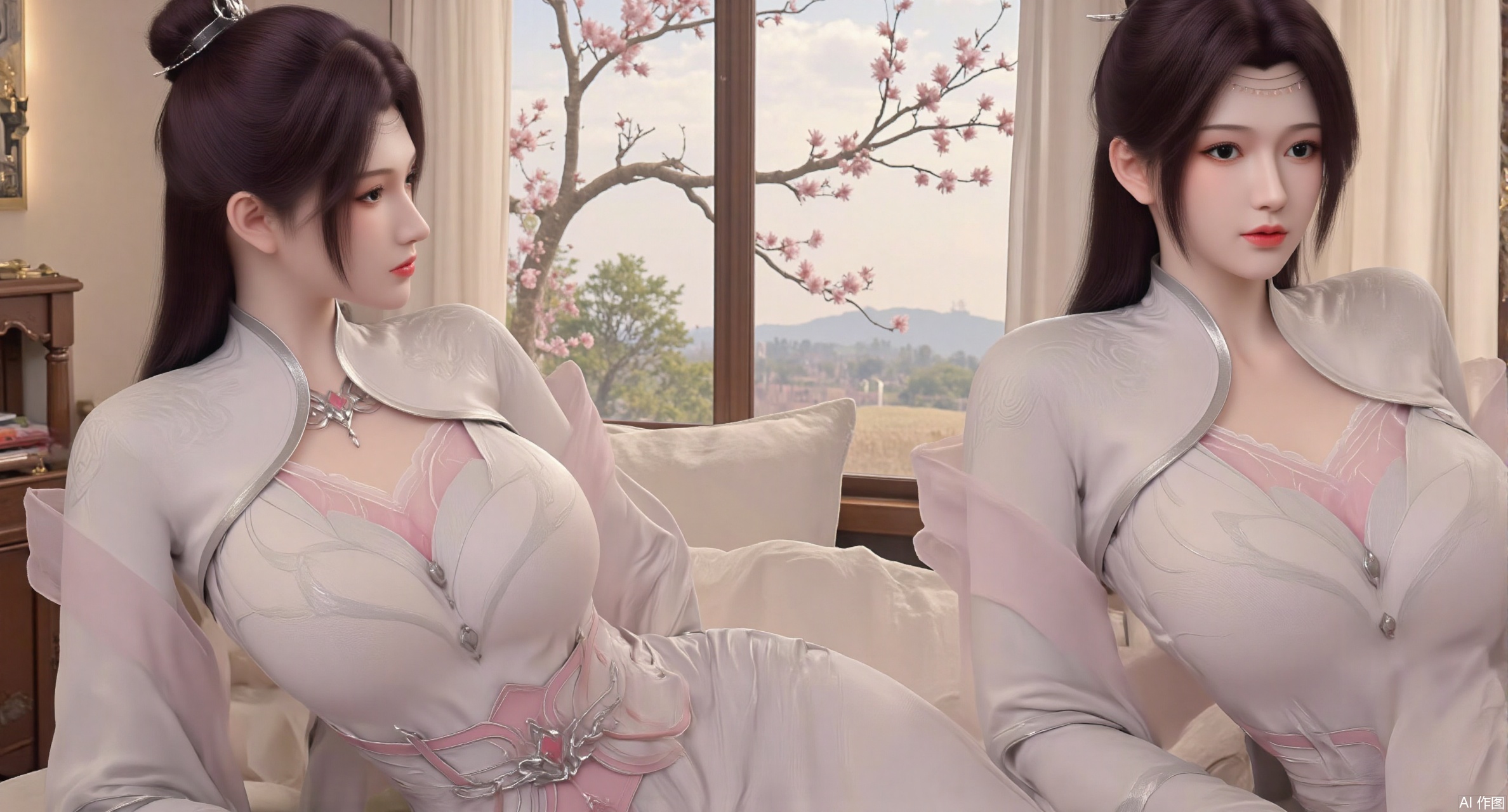 (masterpiece, best quality:1.2),A Hanfu-clad girl lying on a bed, illustration style artwork depicting a room with ancient Chinese furniture, spring scenery outside the window, peach blossom branch extending into the room, soft daylight filtering through paper windows, intricate embroidery details on silk garments, warm pastel tones harmonizing with wooden furniture textures, delicate ink-wash effects enhancing the traditional aesthetic,(huge breasts:2.99),(full breasts:2.99),