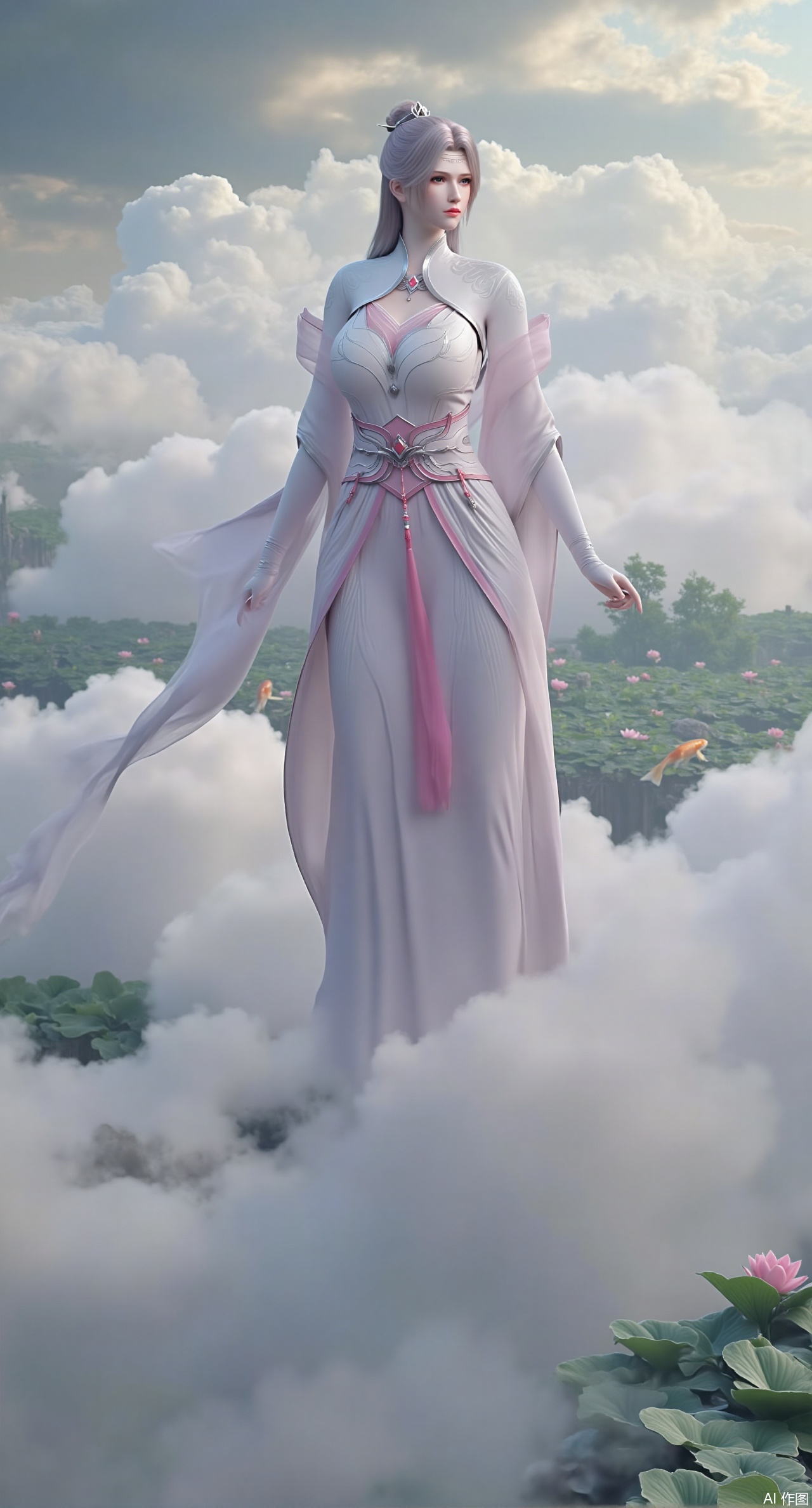 (masterpiece, best quality:1.2),A celestial maiden in Hanfu stands on a cloud, ethereal silk robes fluttering in the wind, swirling sea of clouds beneath her feet, background reveals the emerald lotus pond of Penglai Wonderland with blooming pink-white lotuses, golden koi fish swimming in translucent water, soft morning light piercing through mist, ultra HD rendering showcases intricate embroidery on Hanfu, 8K detail captures dewdrops on lotus petals, dynamic lighting effects emphasize swirling mist movement, panoramic composition creates ethereal celestial atmosphere,(huge breasts:2.99),(full breasts:2.99),