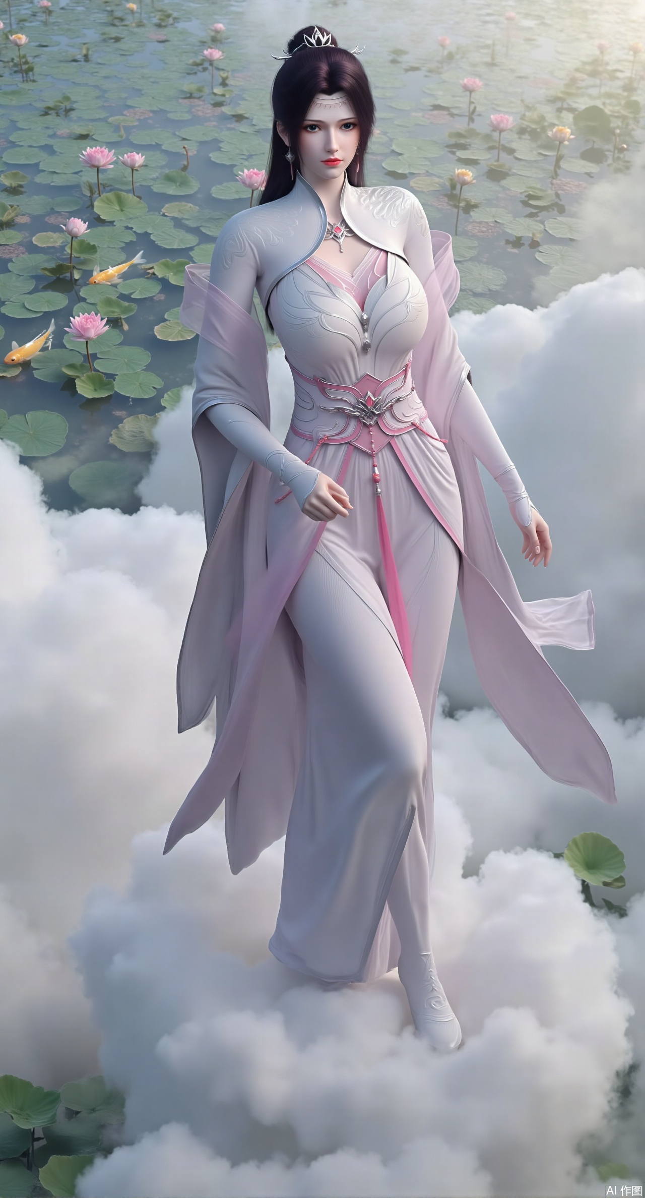 (masterpiece, best quality:1.2),A celestial maiden in Hanfu stands on a cloud, ethereal silk robes fluttering in the wind, swirling sea of clouds beneath her feet, background reveals the emerald lotus pond of Penglai Wonderland with blooming pink-white lotuses, golden koi fish swimming in translucent water, soft morning light piercing through mist, ultra HD rendering showcases intricate embroidery on Hanfu, 8K detail captures dewdrops on lotus petals, dynamic lighting effects emphasize swirling mist movement, panoramic composition creates ethereal celestial atmosphere,(huge breasts:2.99),(full breasts:2.99),